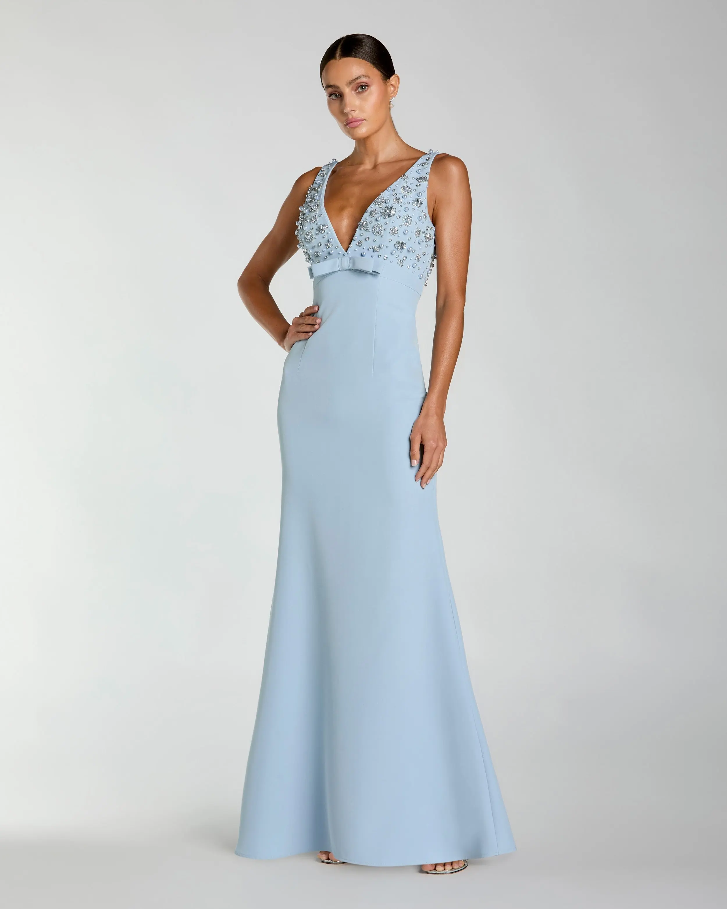 Crepe Sleeveless Beaded V Neck Gown With Bow - Image 2