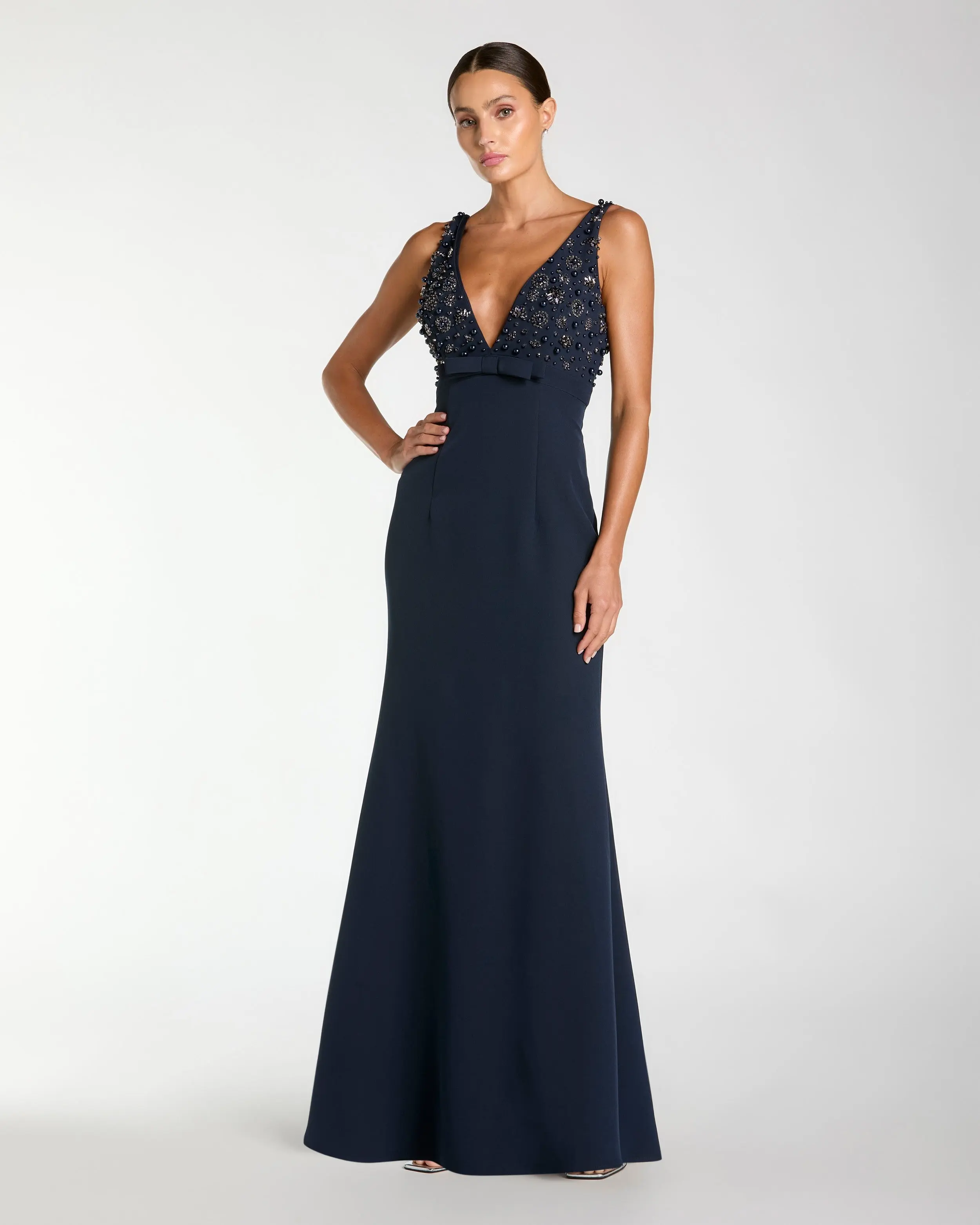 Crepe Sleeveless Beaded V Neck Gown With Bow - Image 3