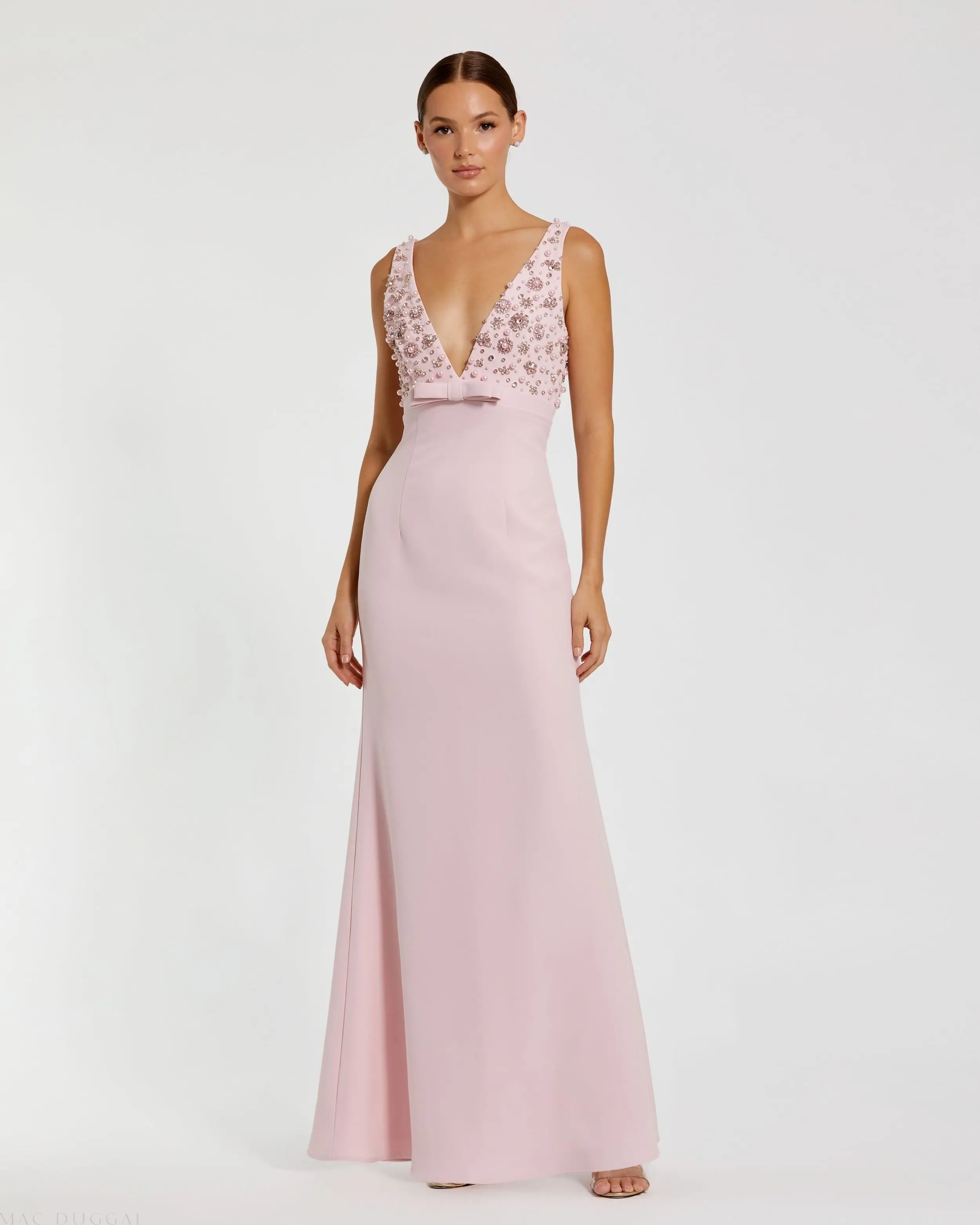 Pink Sleeveless Embellished Crepe Gown With Bow