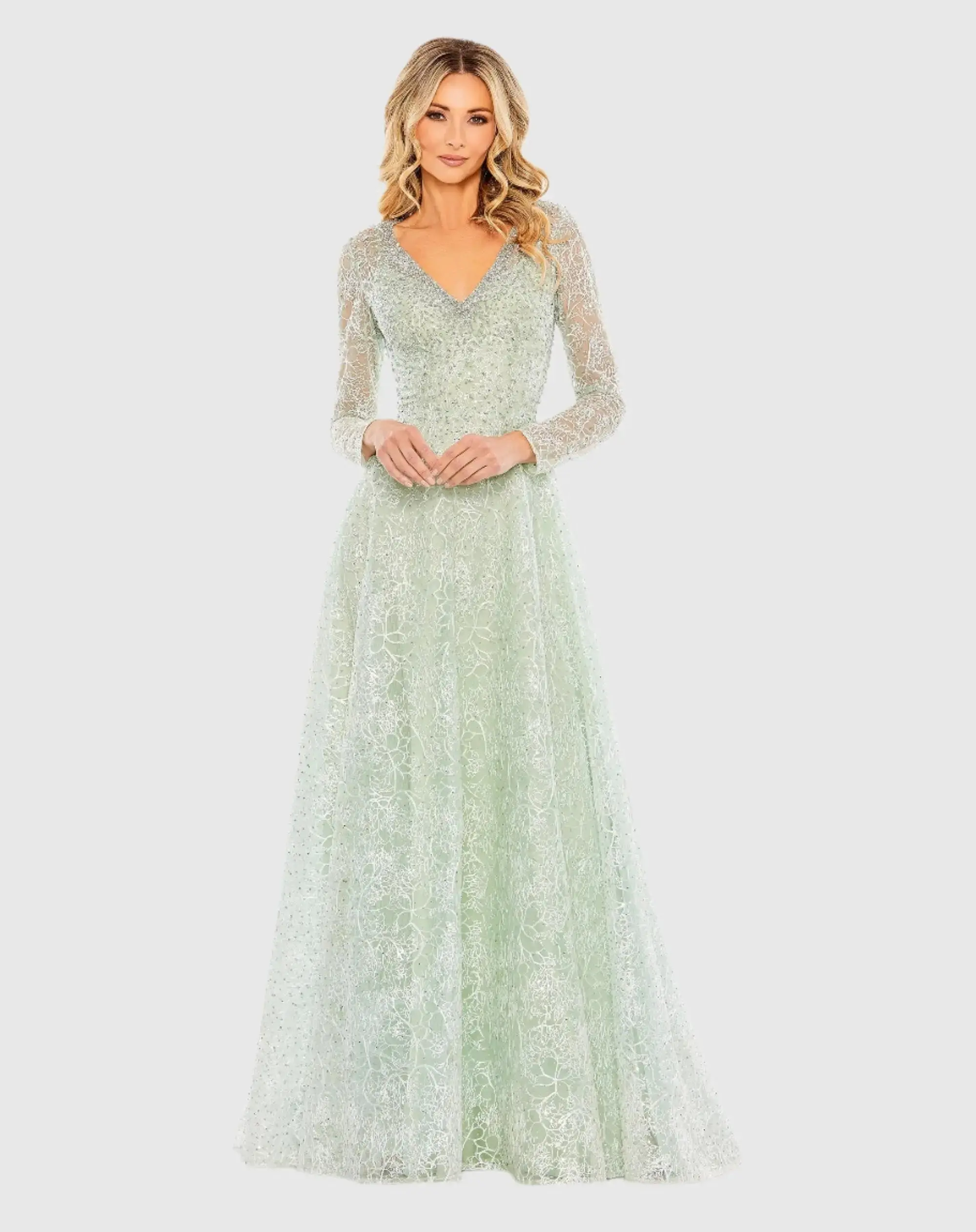 Crystal Embellished Long Sleeve V-Neck Gown - Image 2
