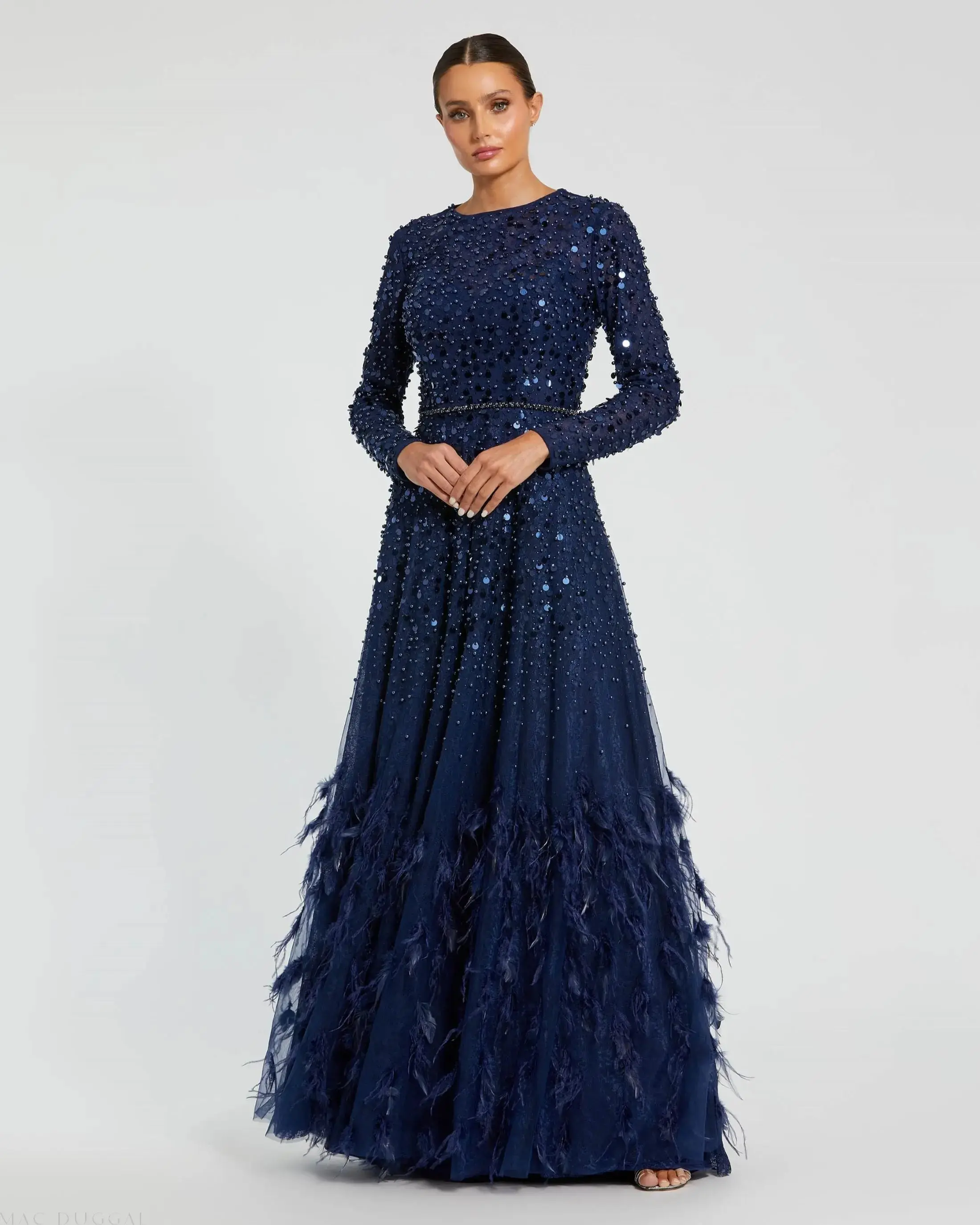 Disc Embellished Sequin Gown with Feather Detail - Image 2