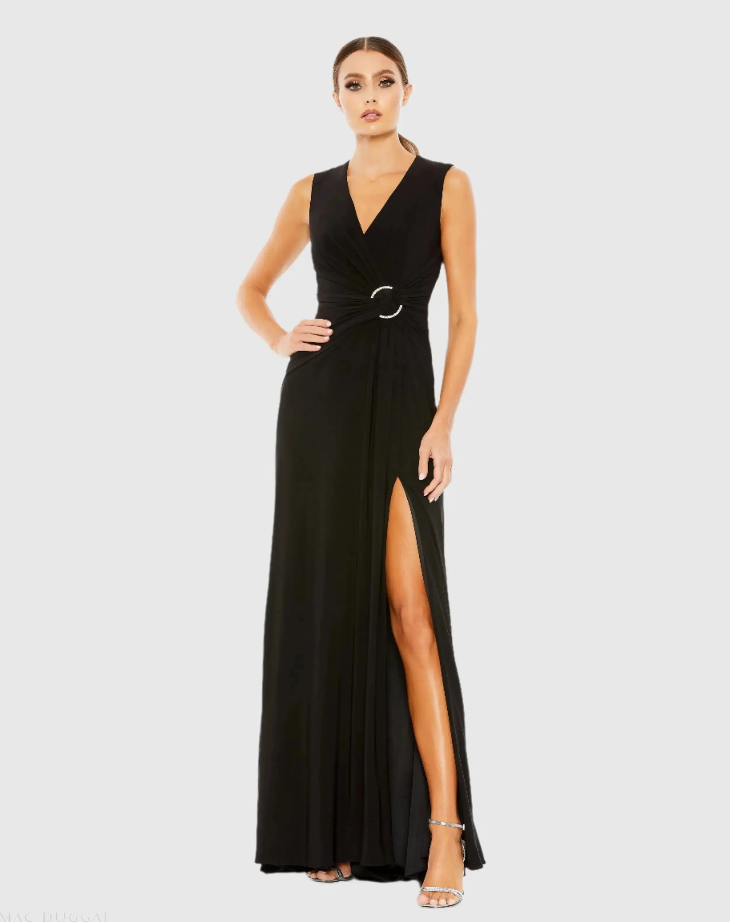 Draped Side Knot Jersey Gown w/ Rhinestone Ring - Image 2