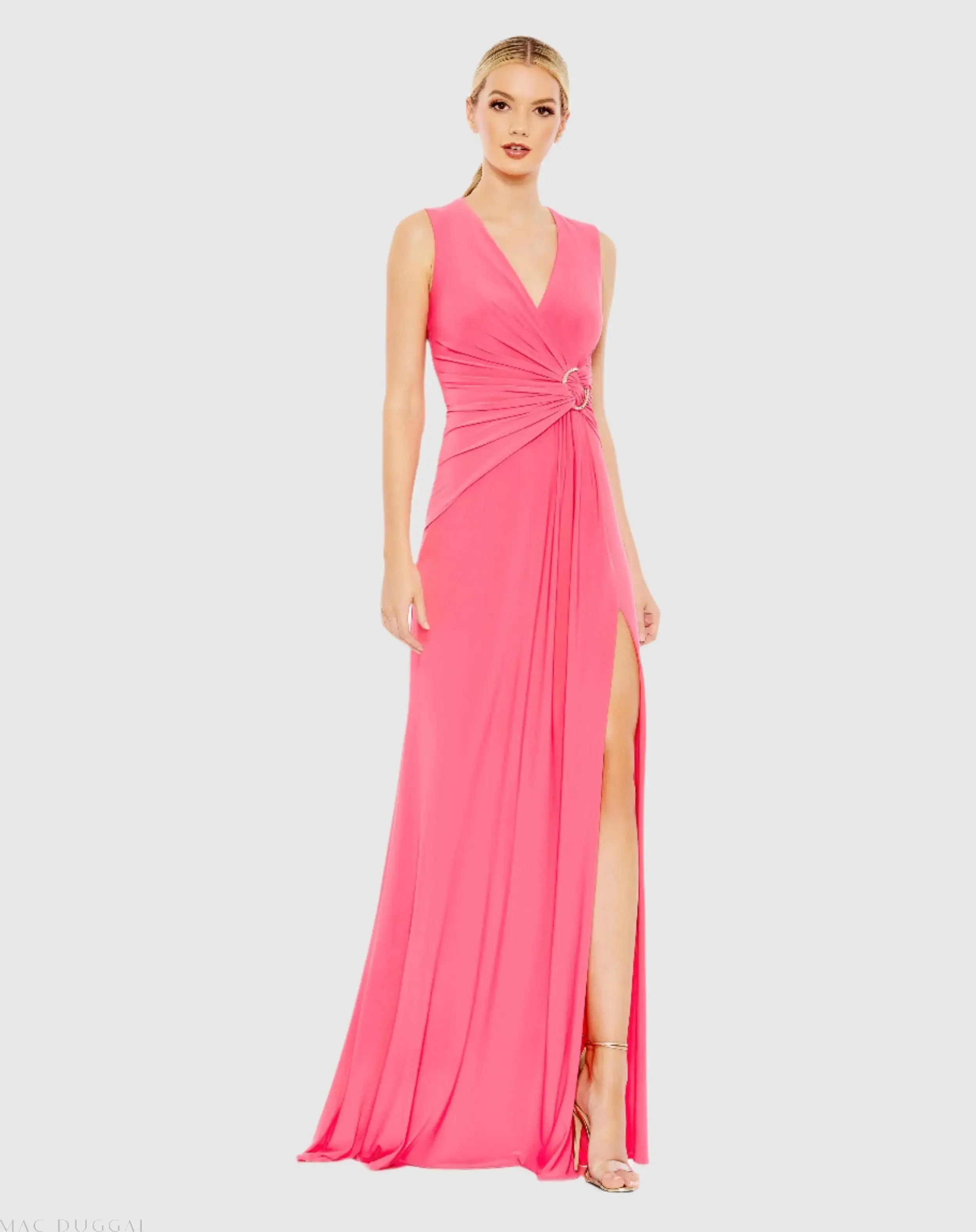 Draped Side Knot Jersey Gown w/ Rhinestone Ring - Image 3