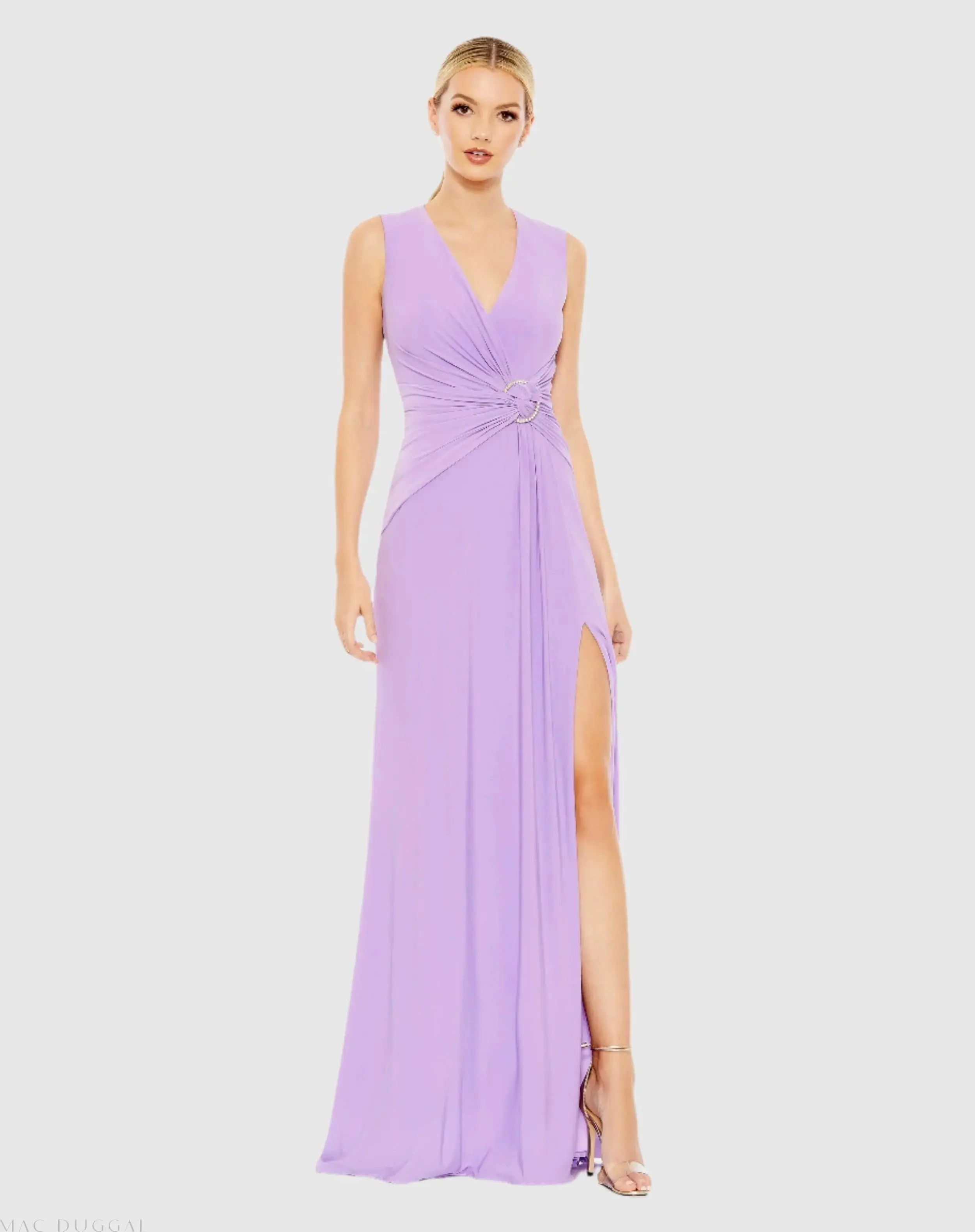 Draped Side Knot Jersey Gown w/ Rhinestone Ring - Image 4