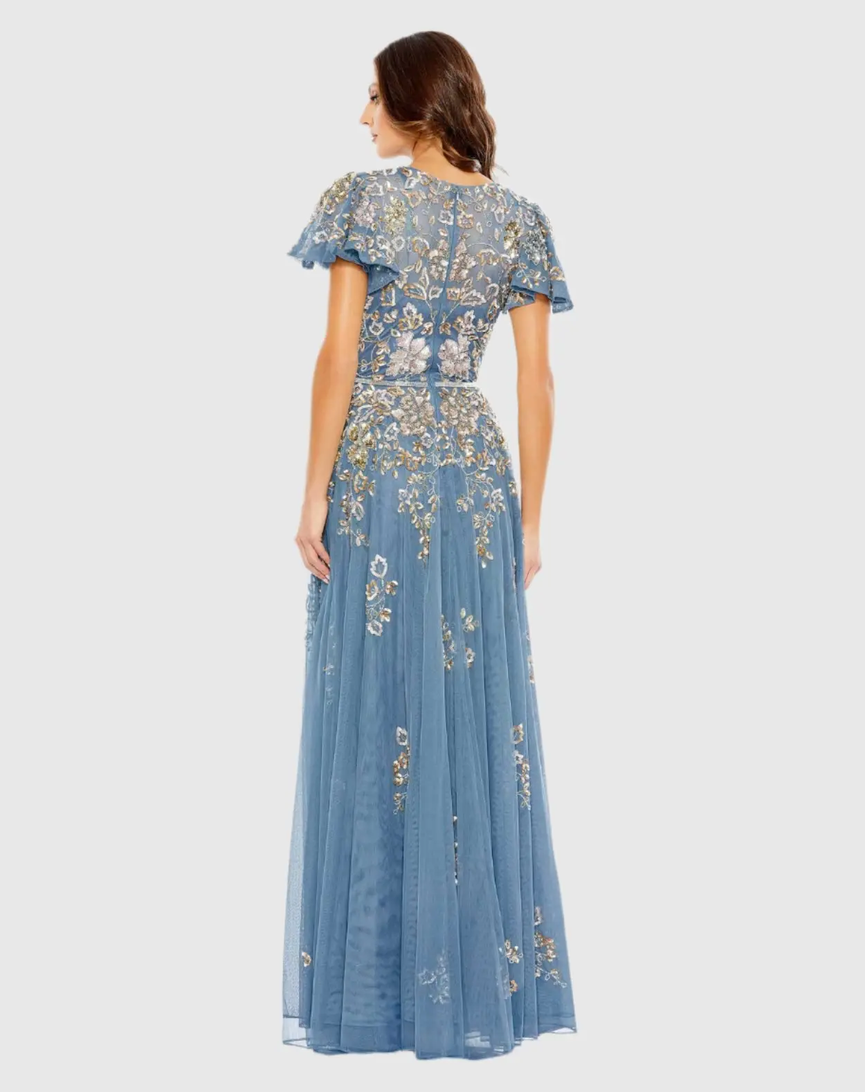 Blue Embellished Butterfly Sleeve High Neck Gown - Image 3