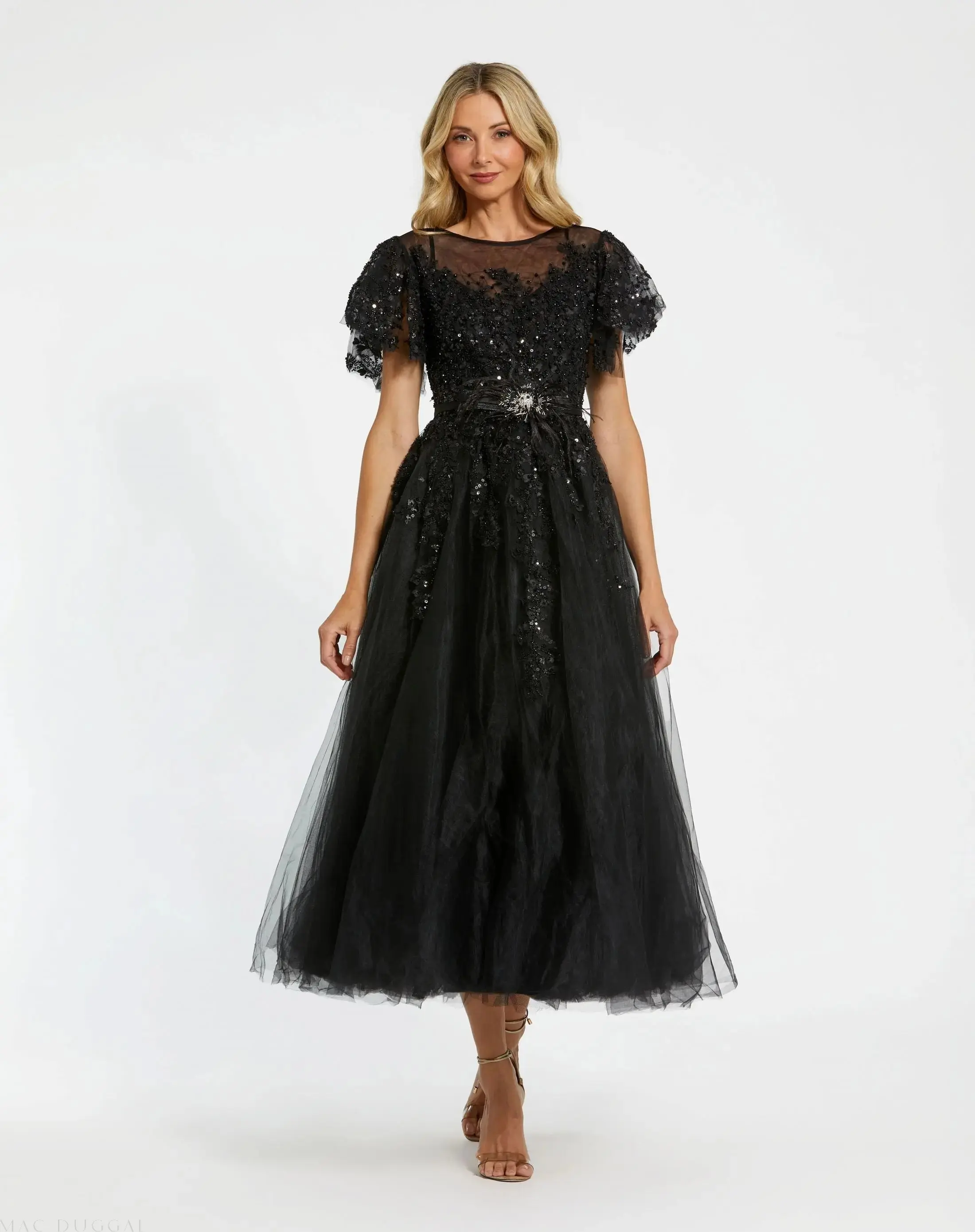 Embellished Flutter Sleeve Bow Waist A Line Dress - Image 2