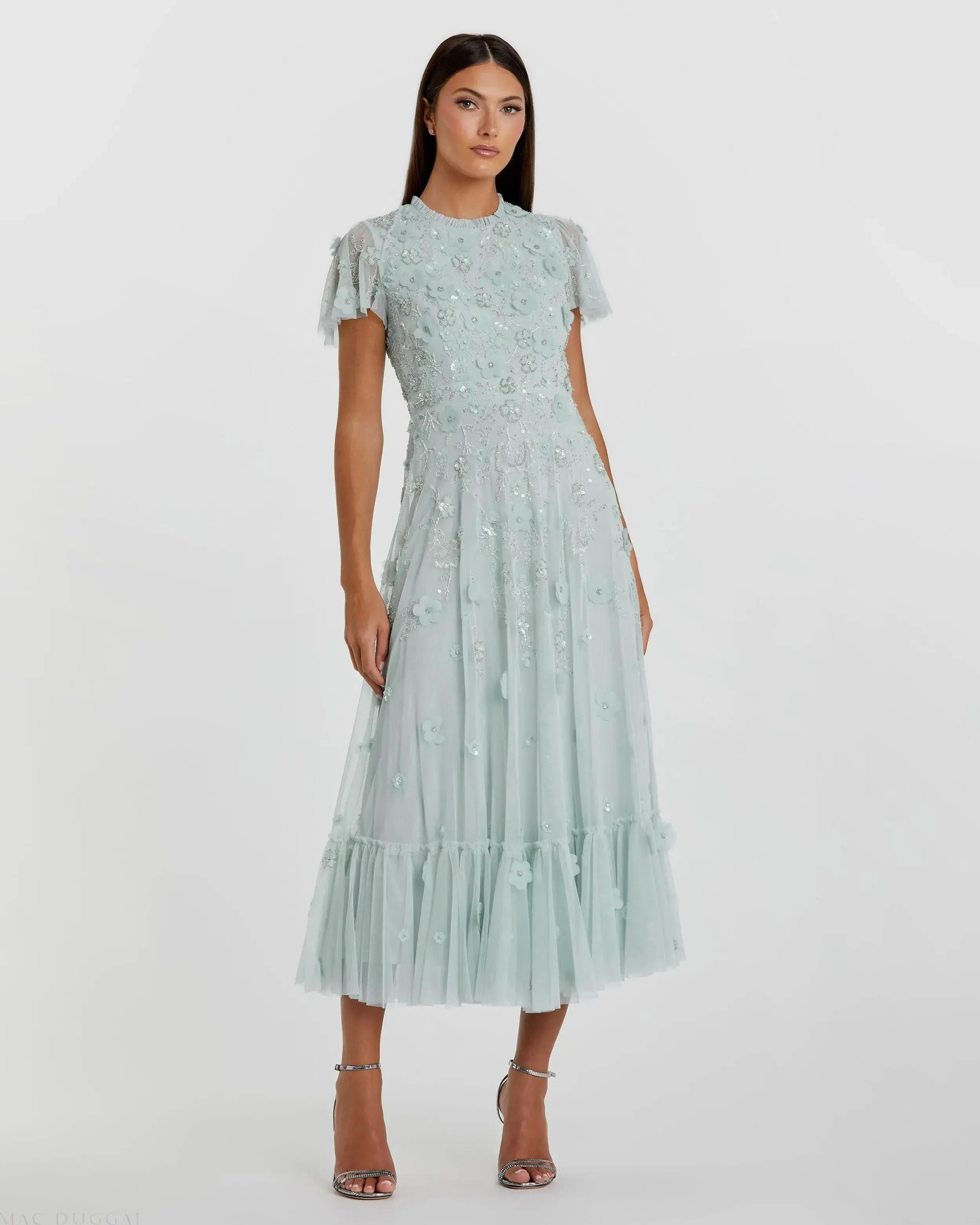Blue Embellished High Neck Flutter Sleeve A Line Dress