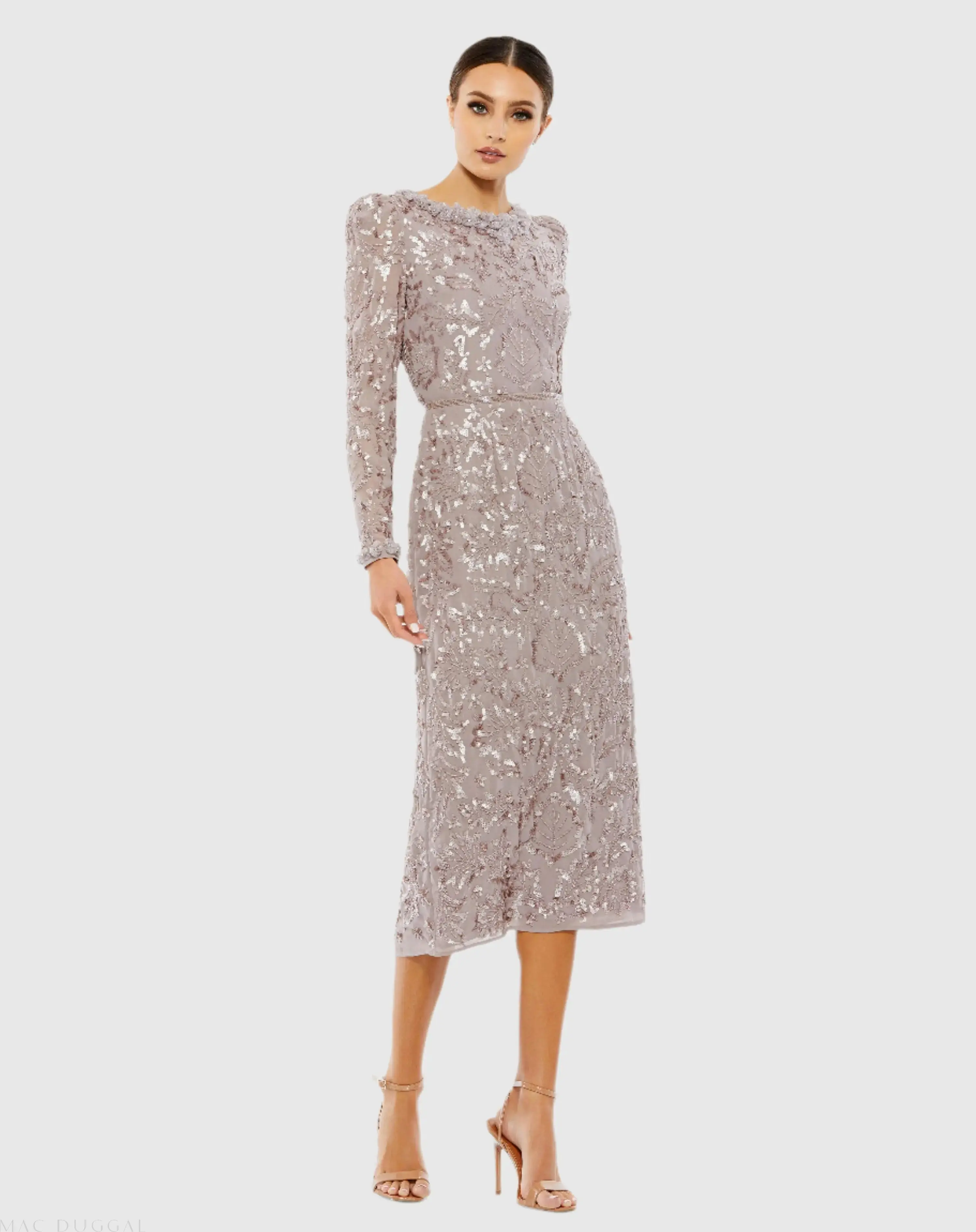 Embellished High Neck Puff Sleeve Fitted Dress - Image 2