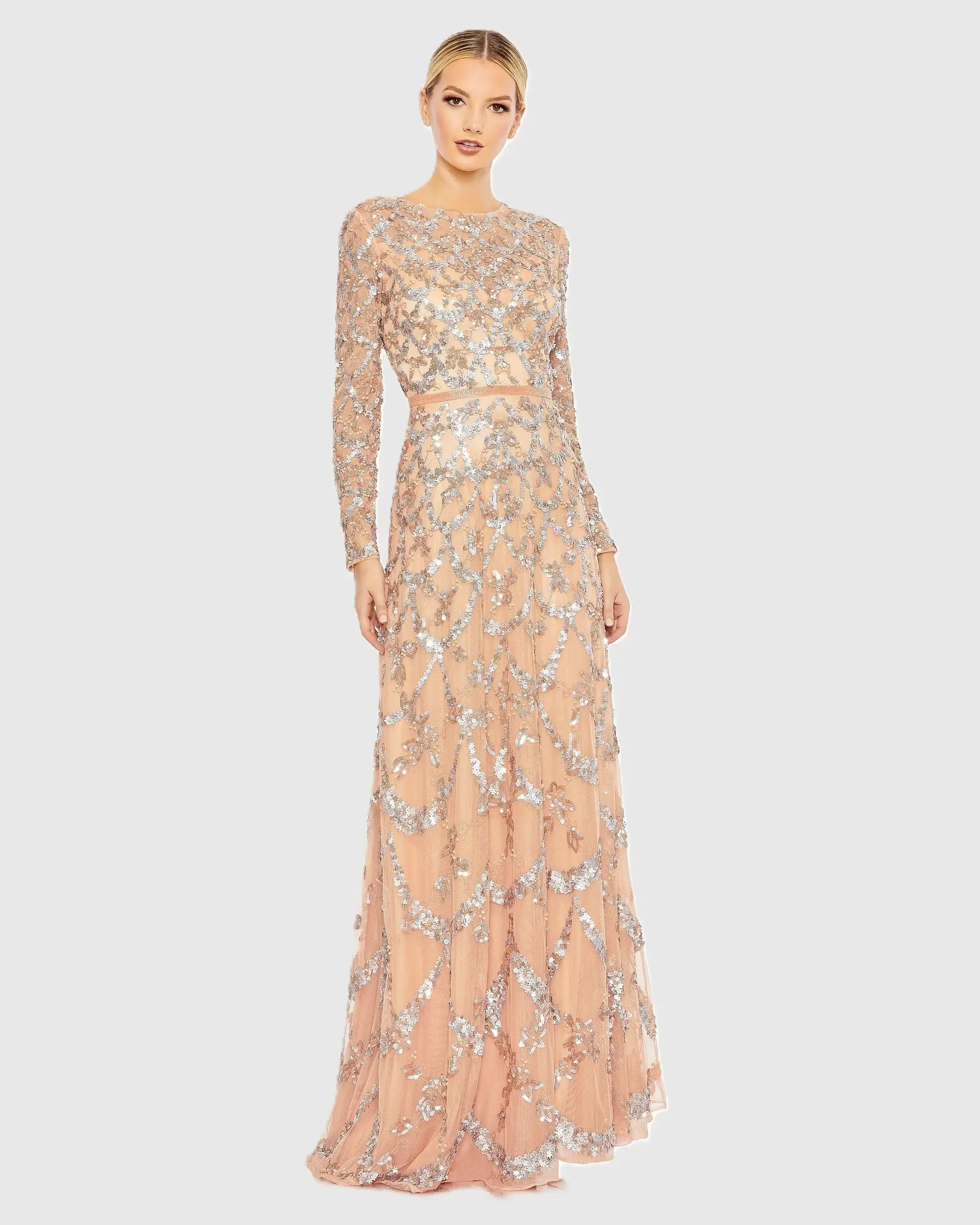 Embellished Illusion High Neck Long Sleeve A Line Gown - Image 2