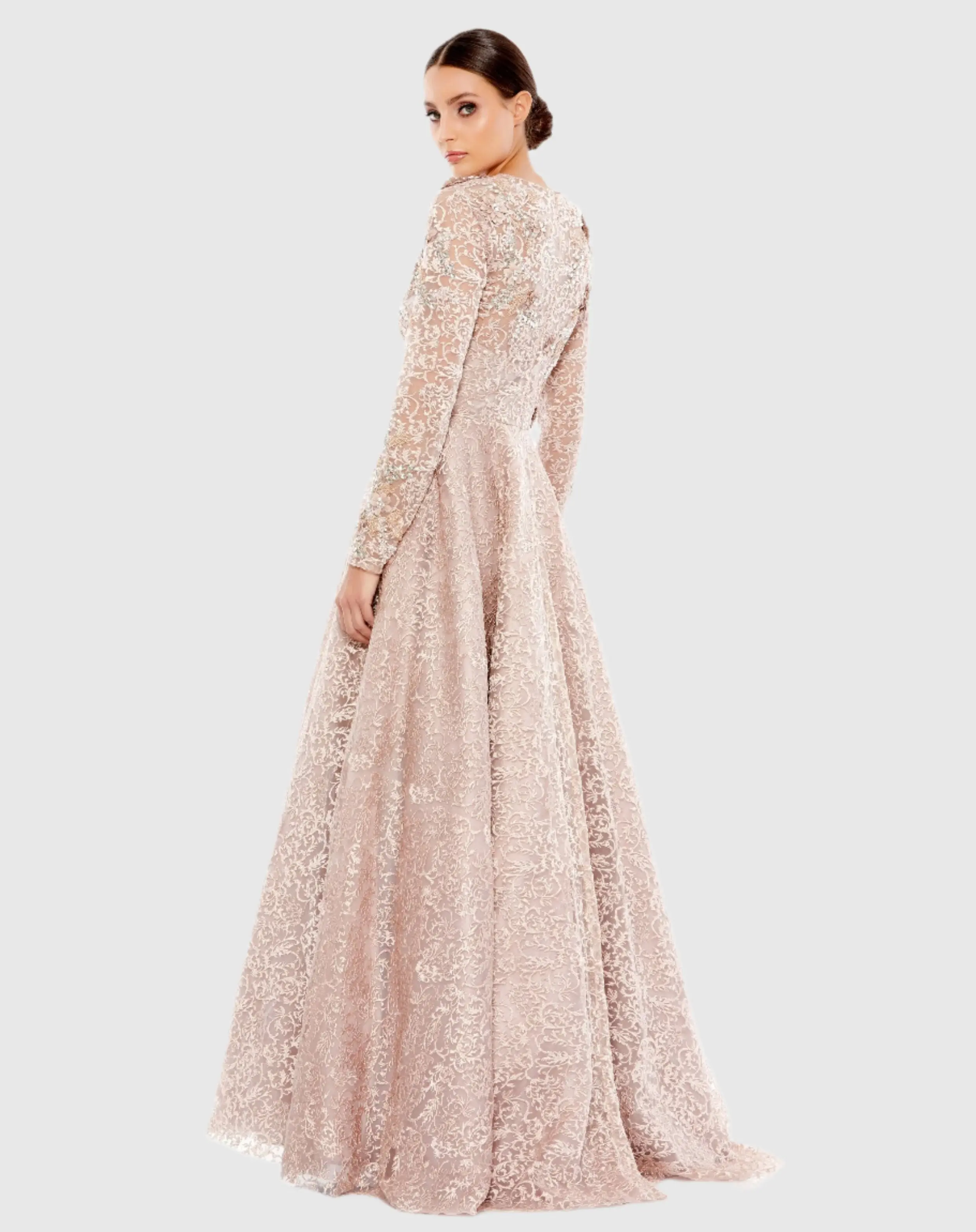 Pink Embellished Illusion Long Sleeve A Line Gown - Image 3