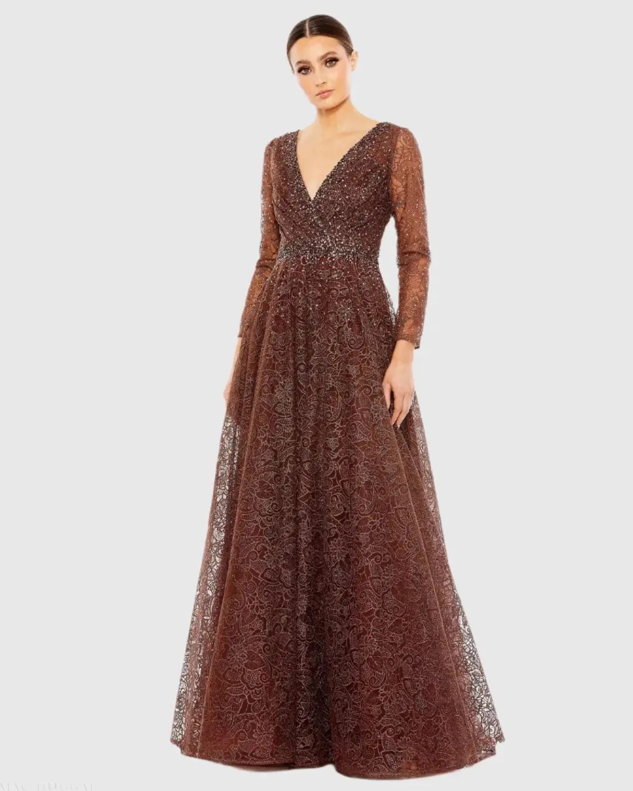 Brown Embellished Illusion Long Sleeve V Neck Gown - FINAL SALE