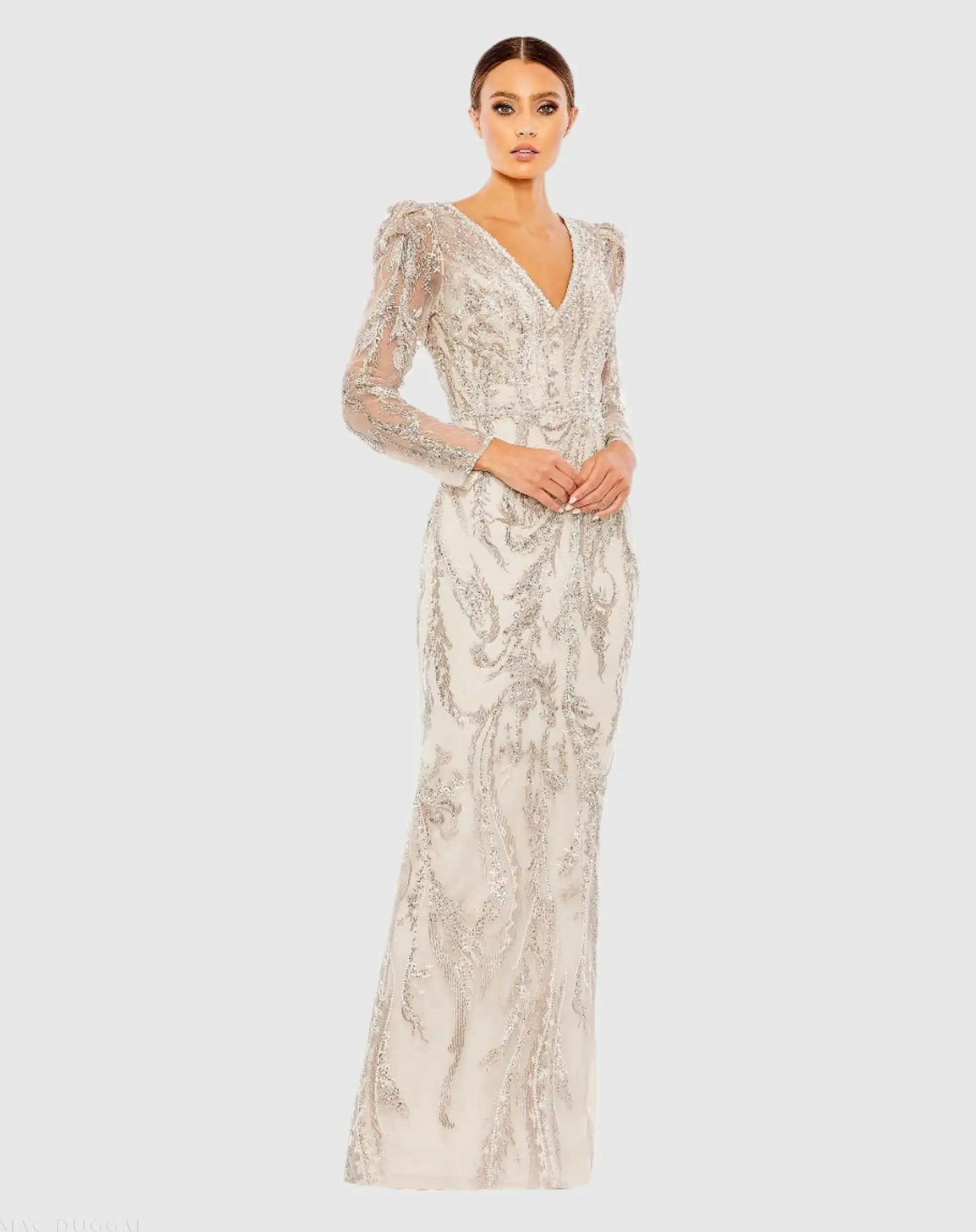 Embellished Puff Sleeve V Neck Gown - Image 2