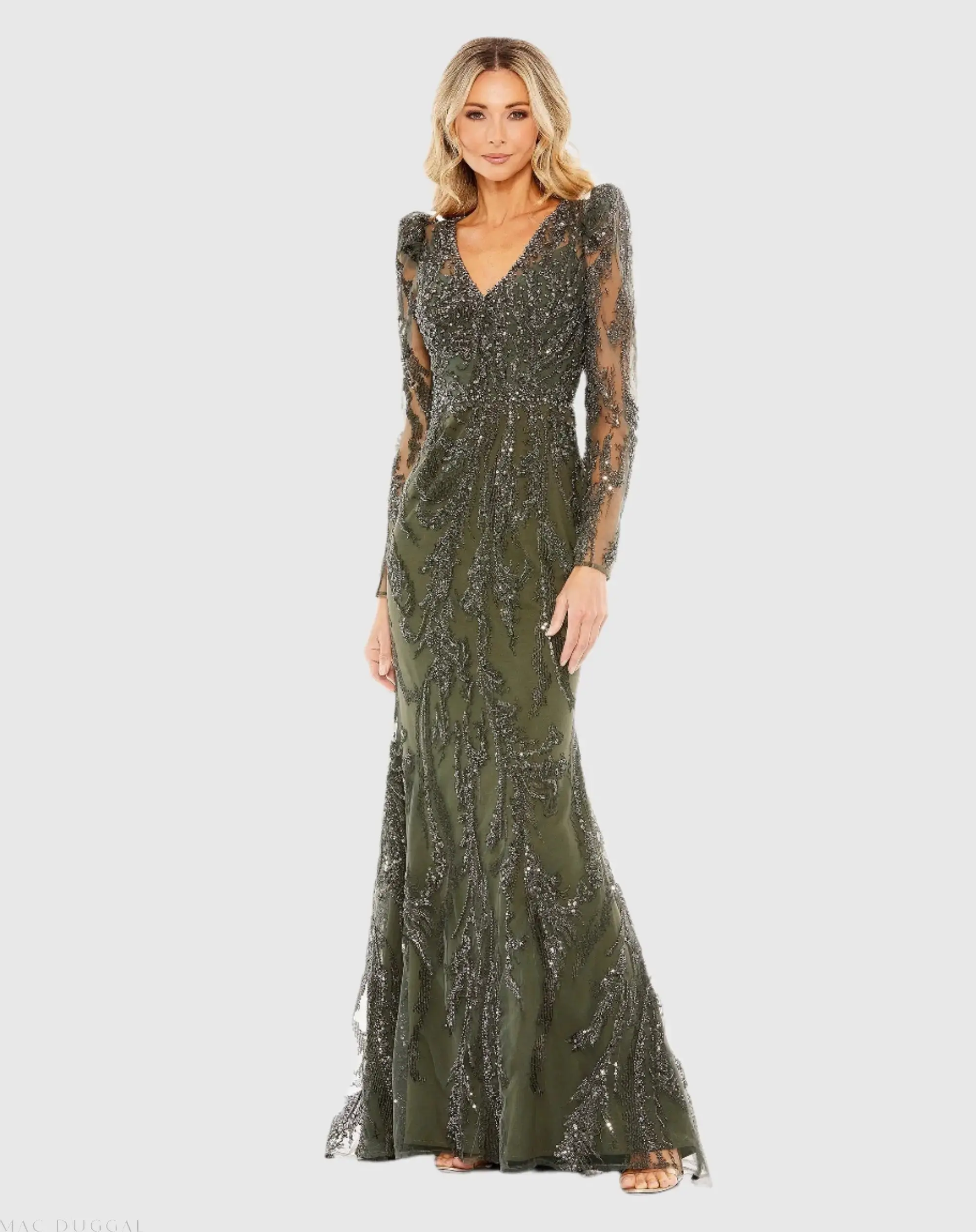 Embellished Puff Sleeve V Neck Gown - Image 3