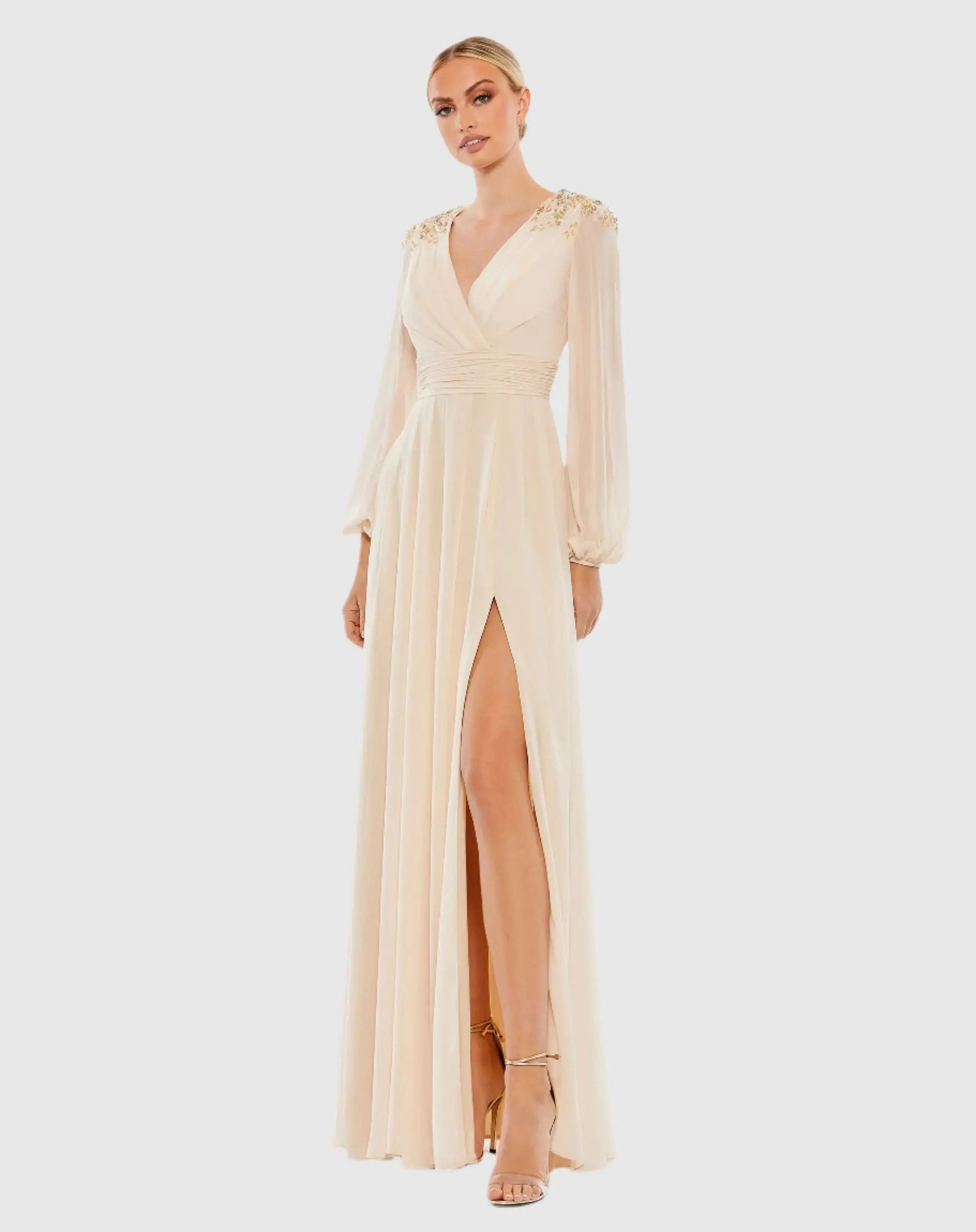 Embellished Shoulder Blouson Sleeve Evening Gown - Image 2