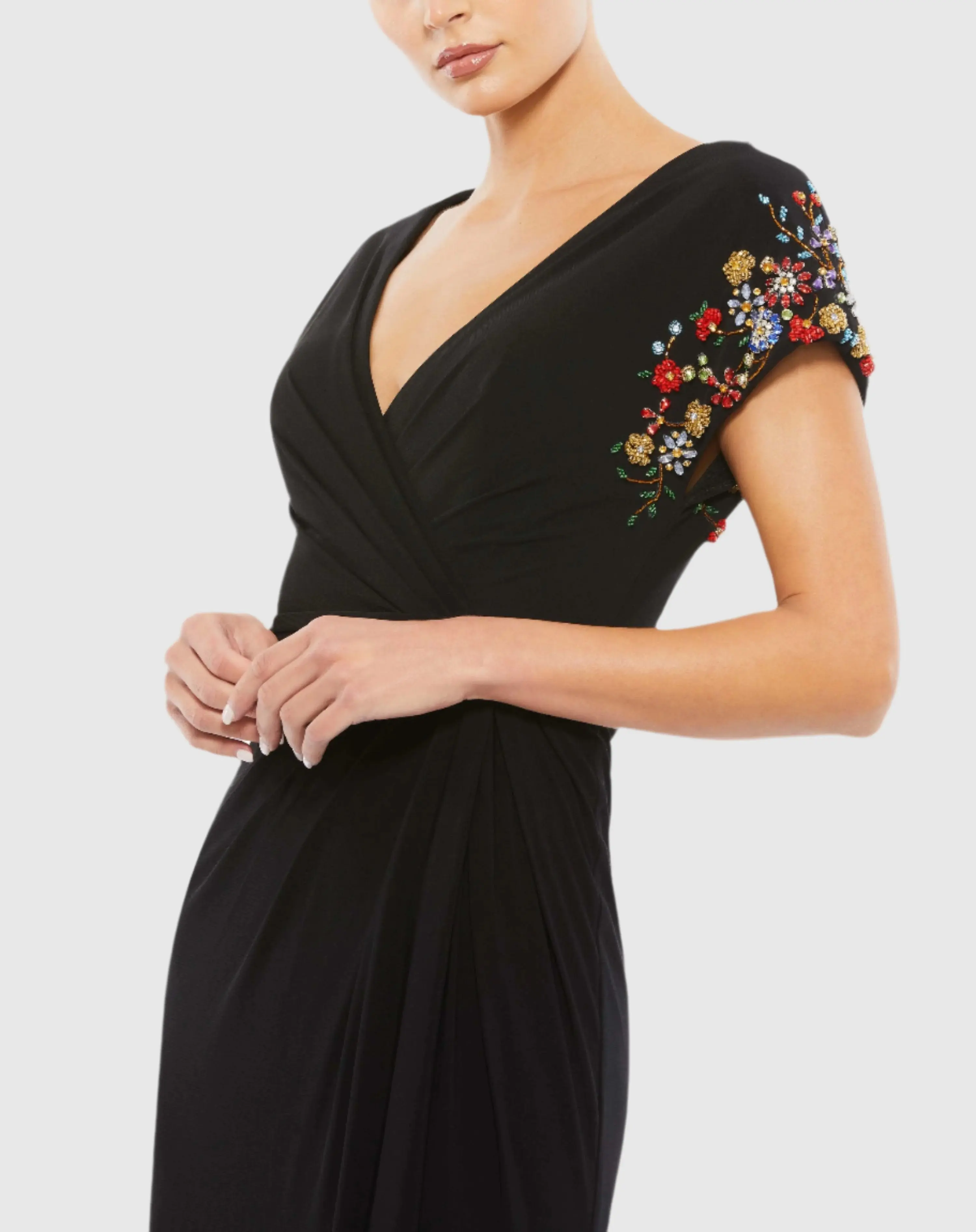 Black Embellished Sleeve Jersey Wrap Gown - Image 2