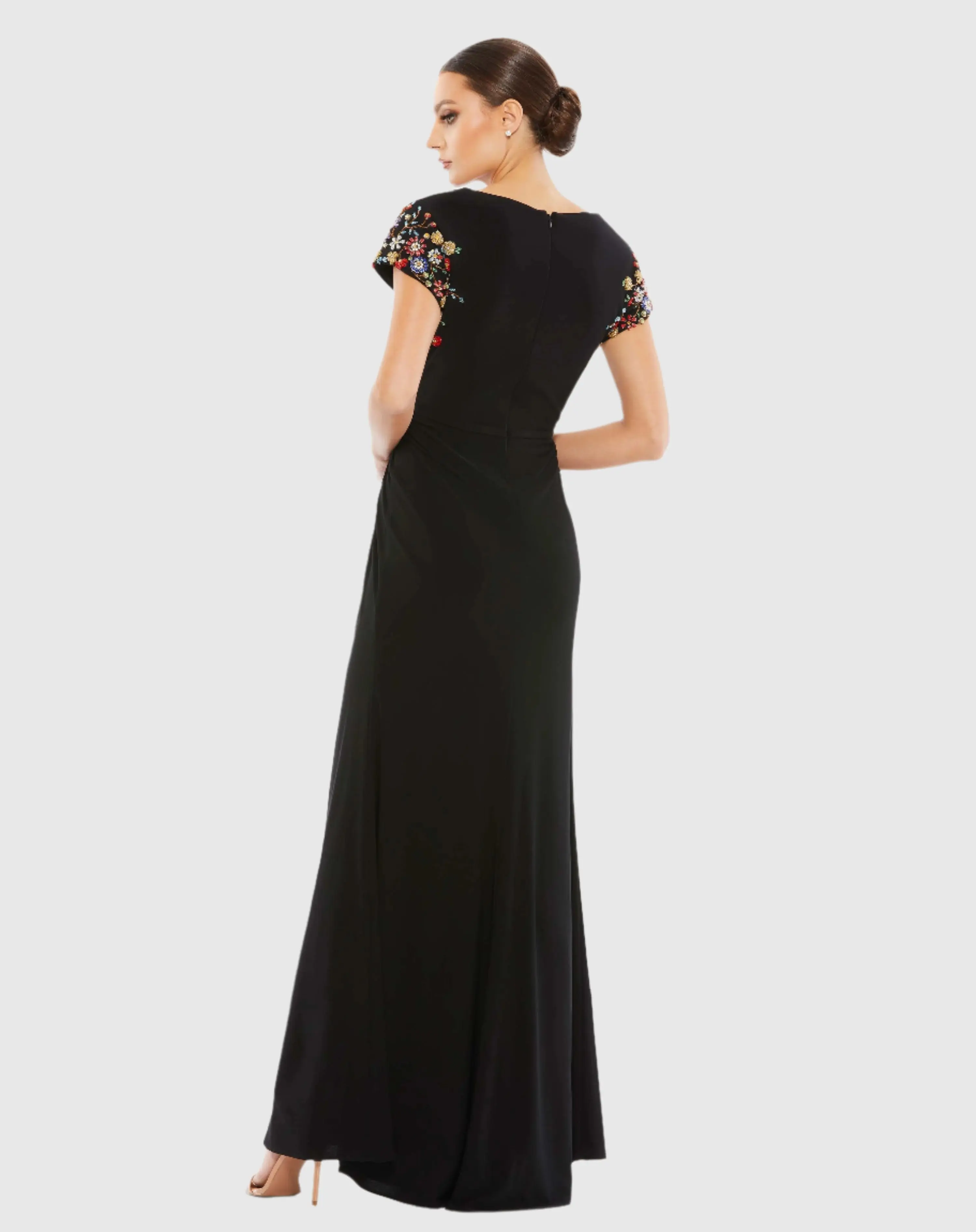 Black Embellished Sleeve Jersey Wrap Gown - Image 3
