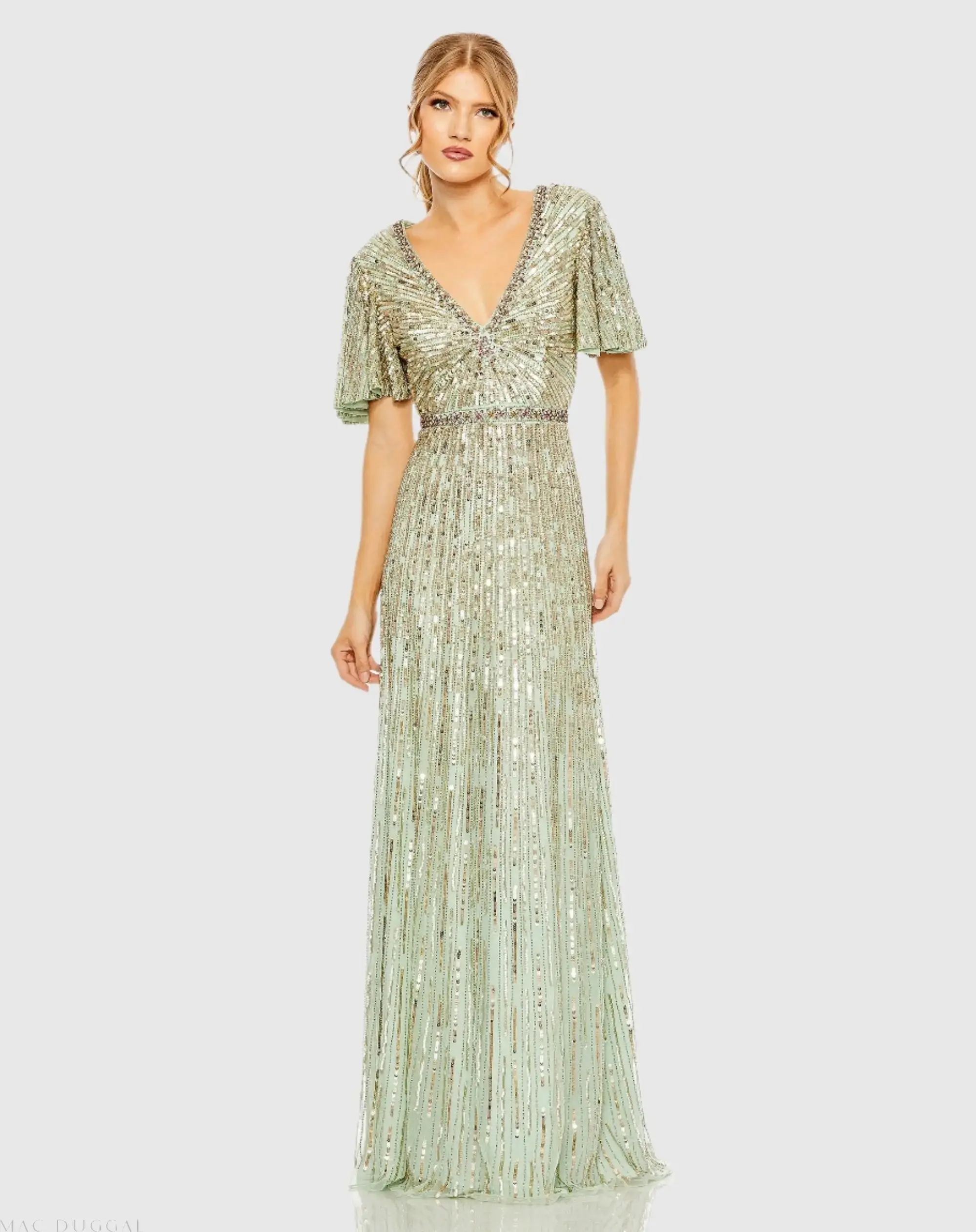 Embellished V Neck Butterfly Sleeve Column Gown - Image 3