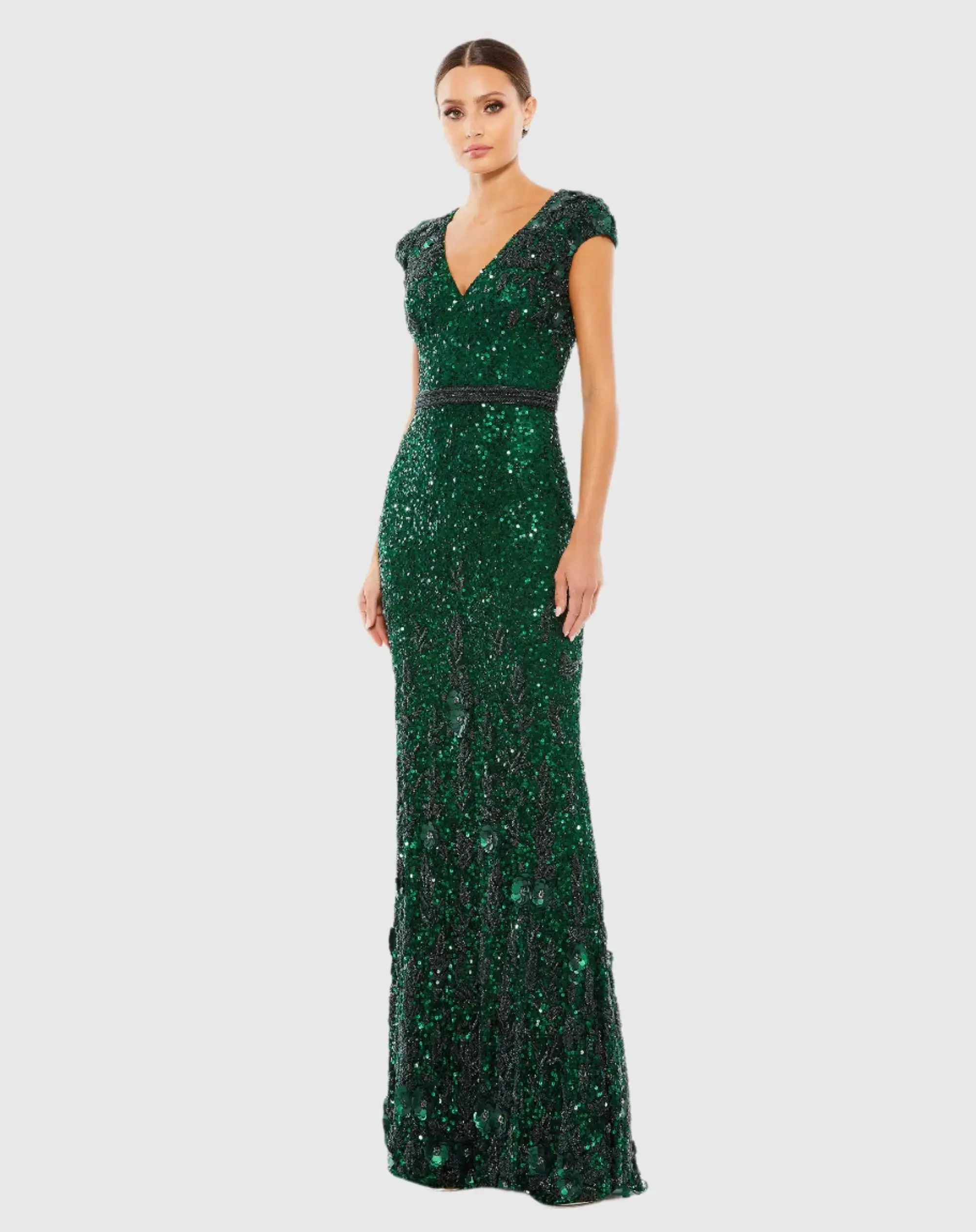 Embellished V Neck Cap Sleeve Sequin Gown - Image 2