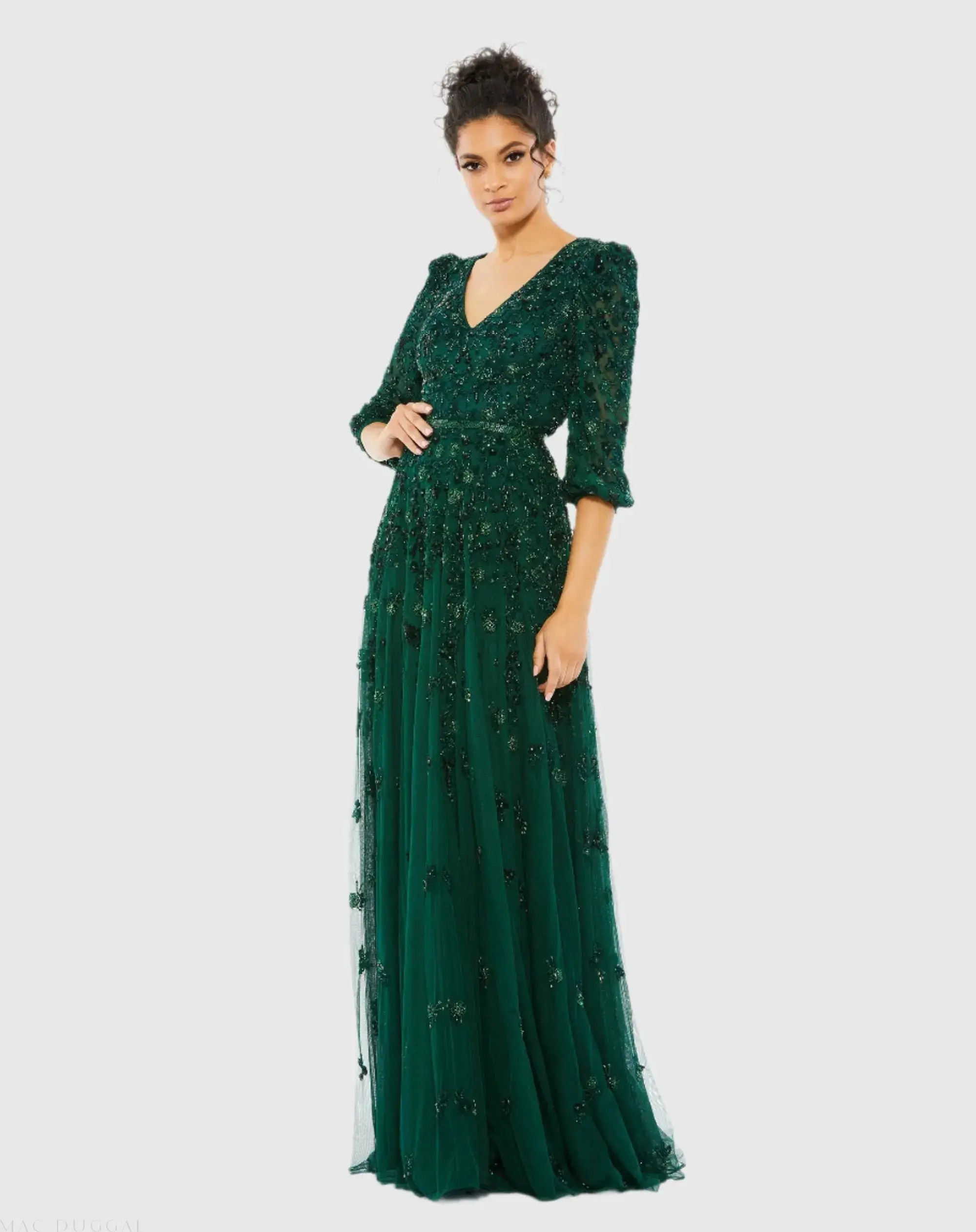 Embellished V Neck Long Sleeve A Line Gown - Image 2