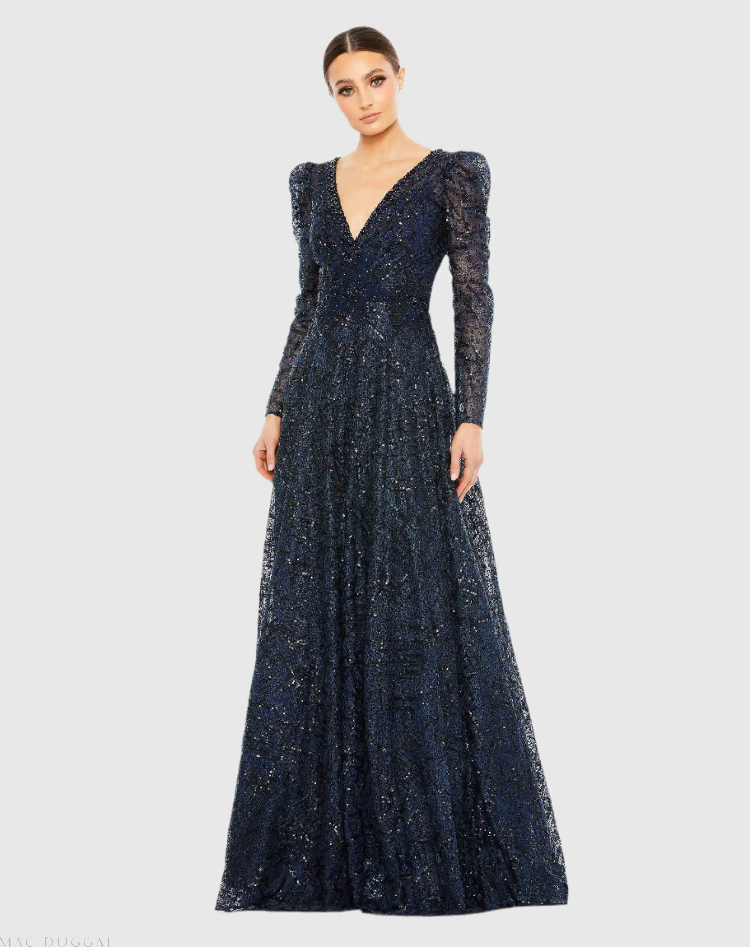 Embellished V Neck Long Sleeve A Line Gown - Image 2