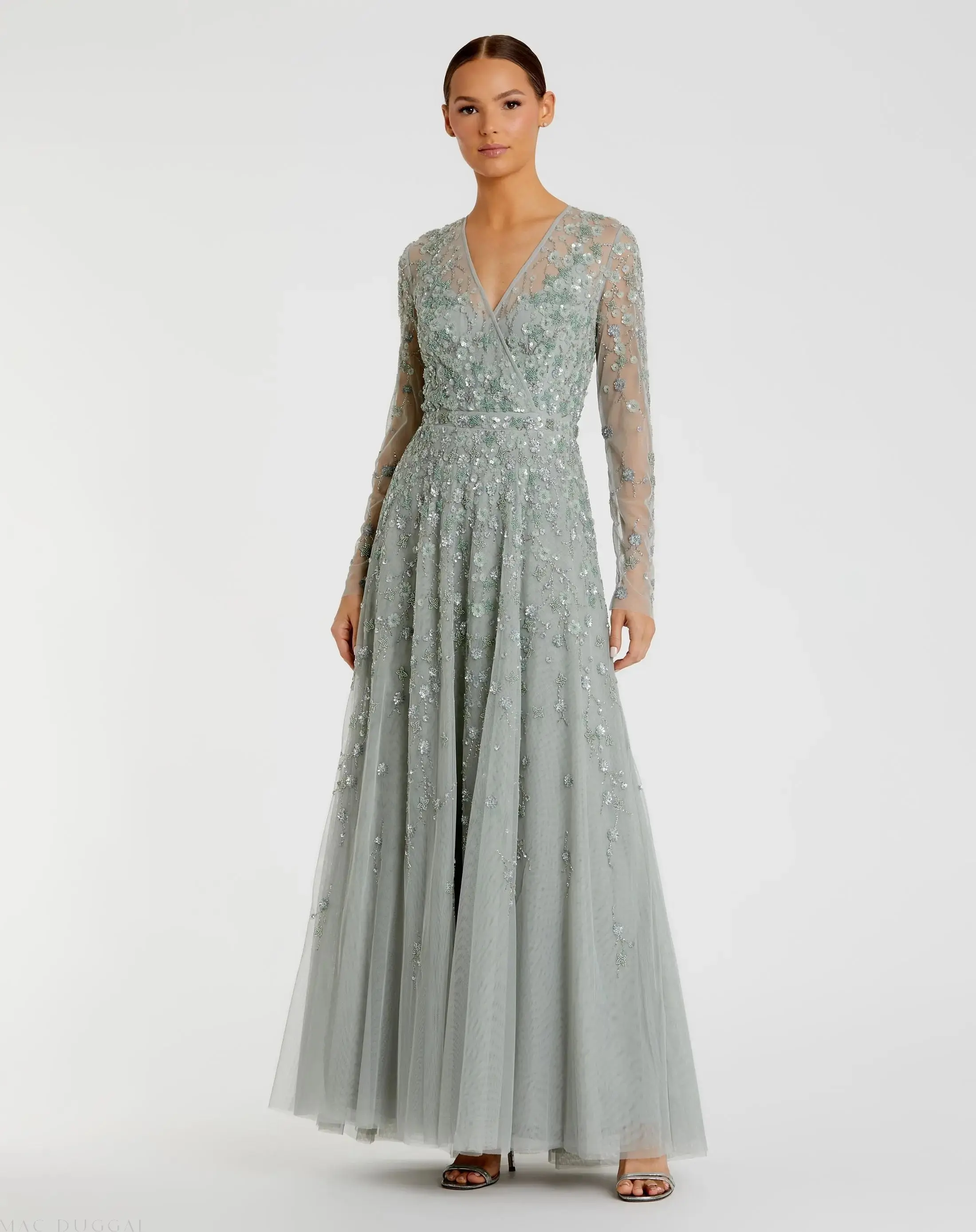 Embellished Wrap Over Illusion Long Sleeve A Line Gown - Image 2