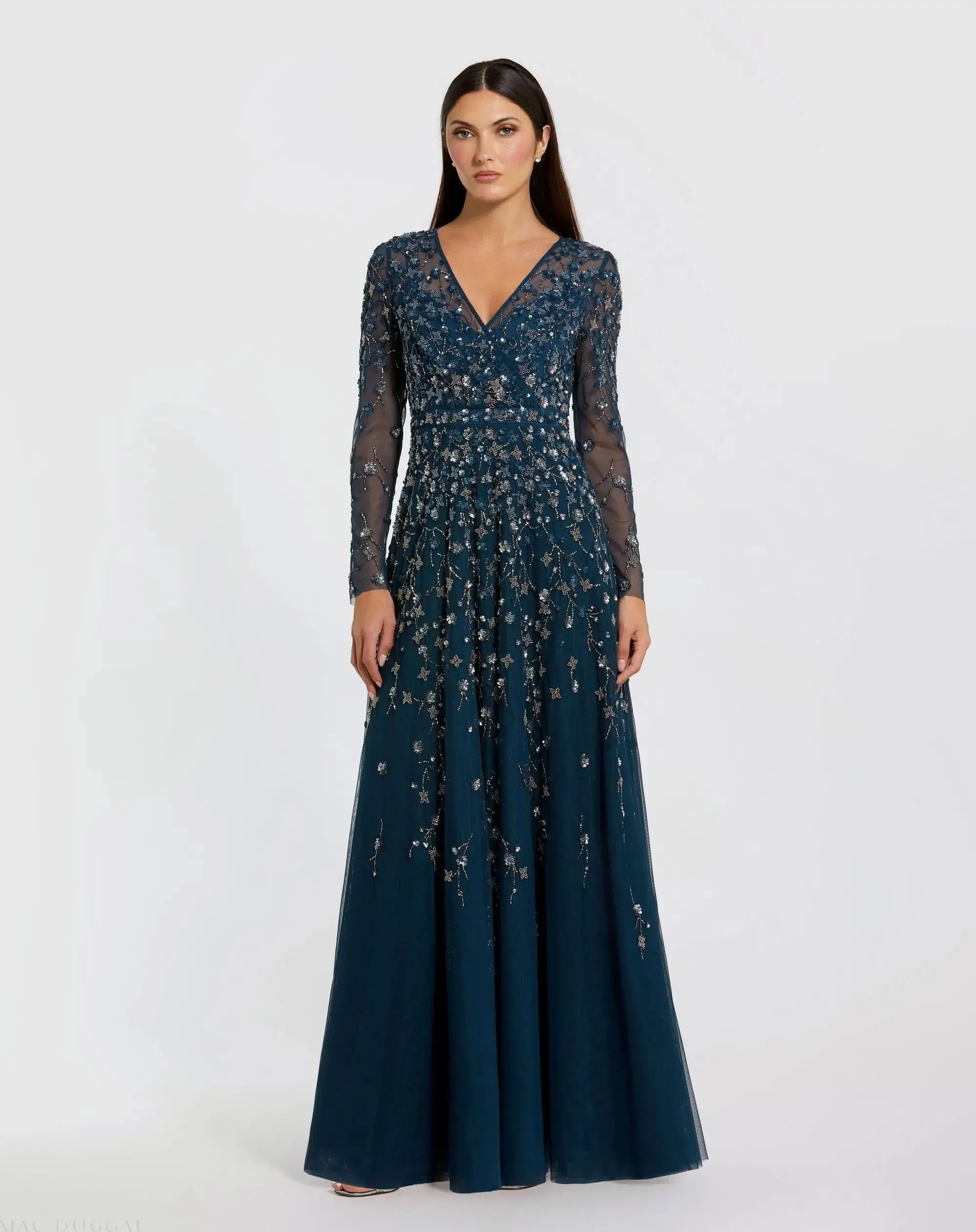 Embellished Wrap Over Illusion Long Sleeve A Line Gown - Image 3