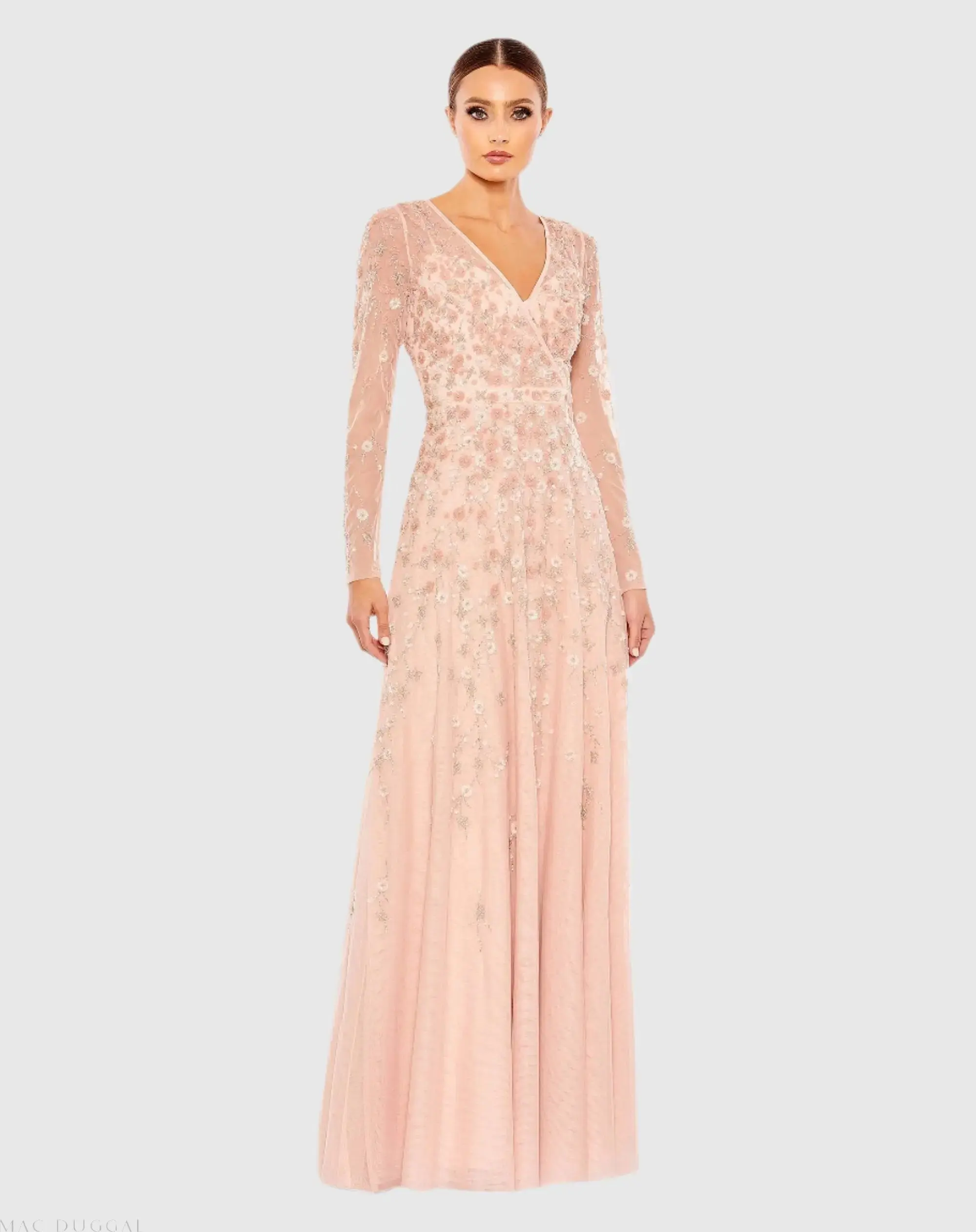 Embellished Wrap Over Illusion Long Sleeve A Line Gown - Image 4