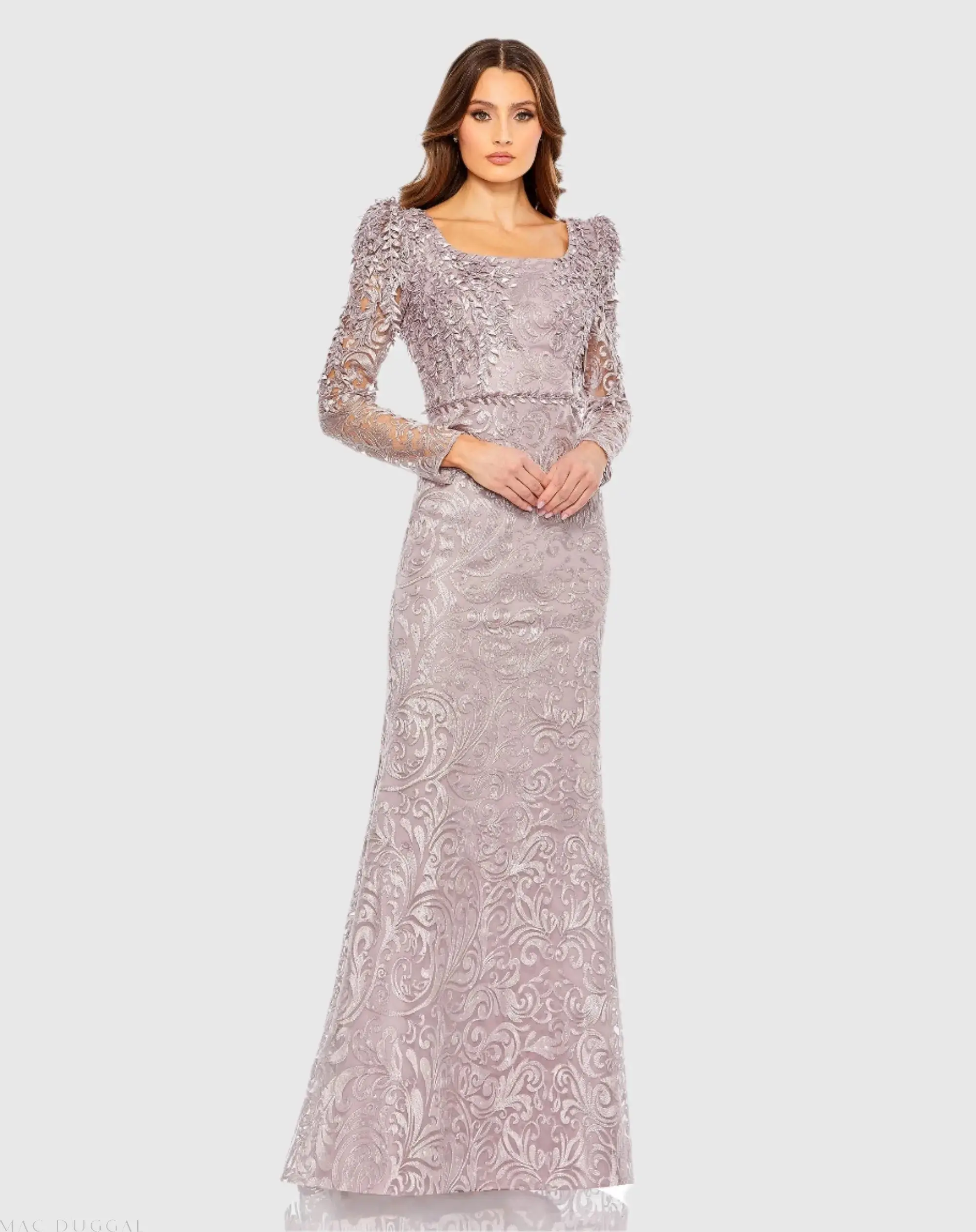 Embroidered Lace Applique Shoulder Detail Trumpet Gown - Image 3