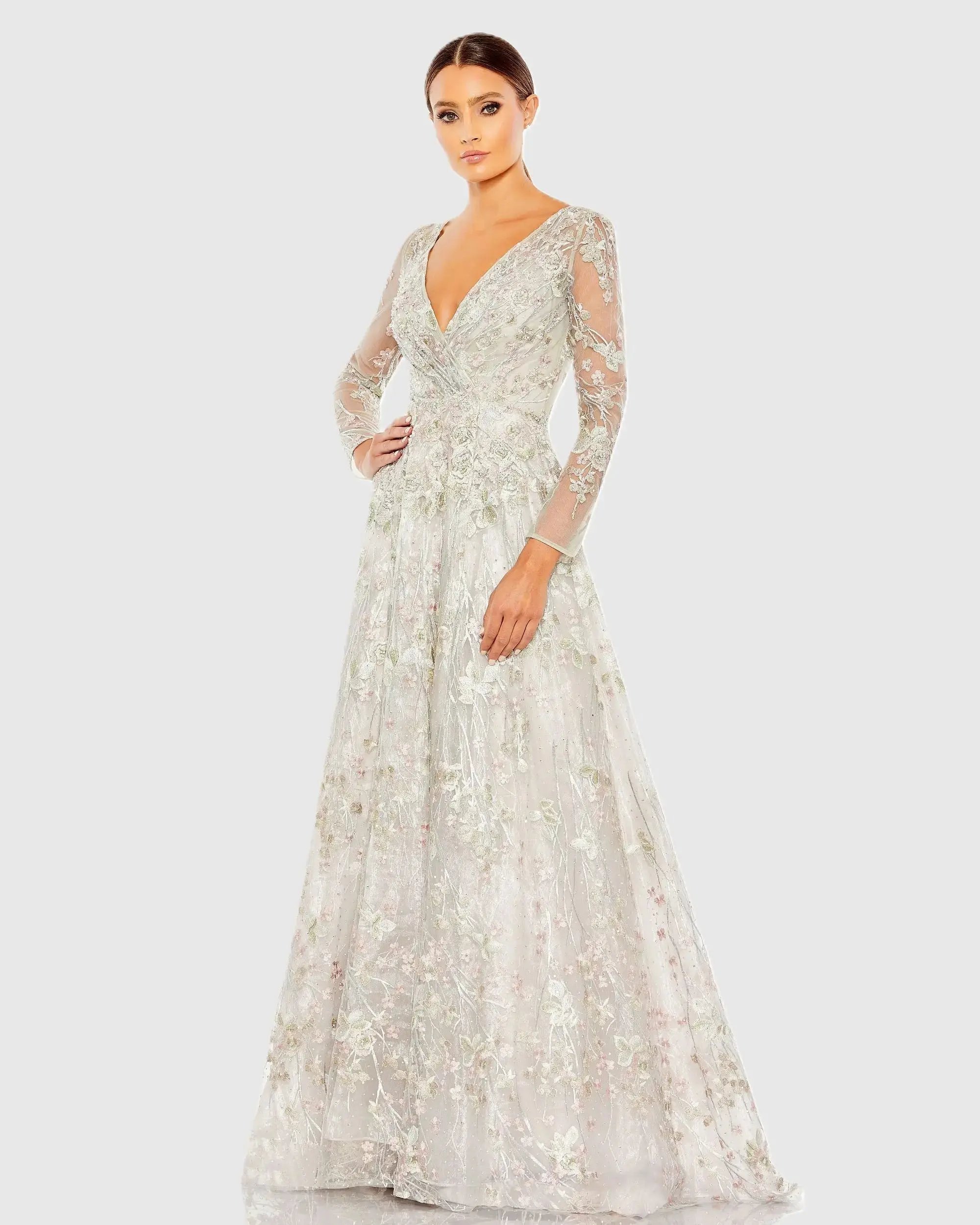 Embroidered Lace Wrap Over Illusion Long Sleeve A Line Gown - Image 3