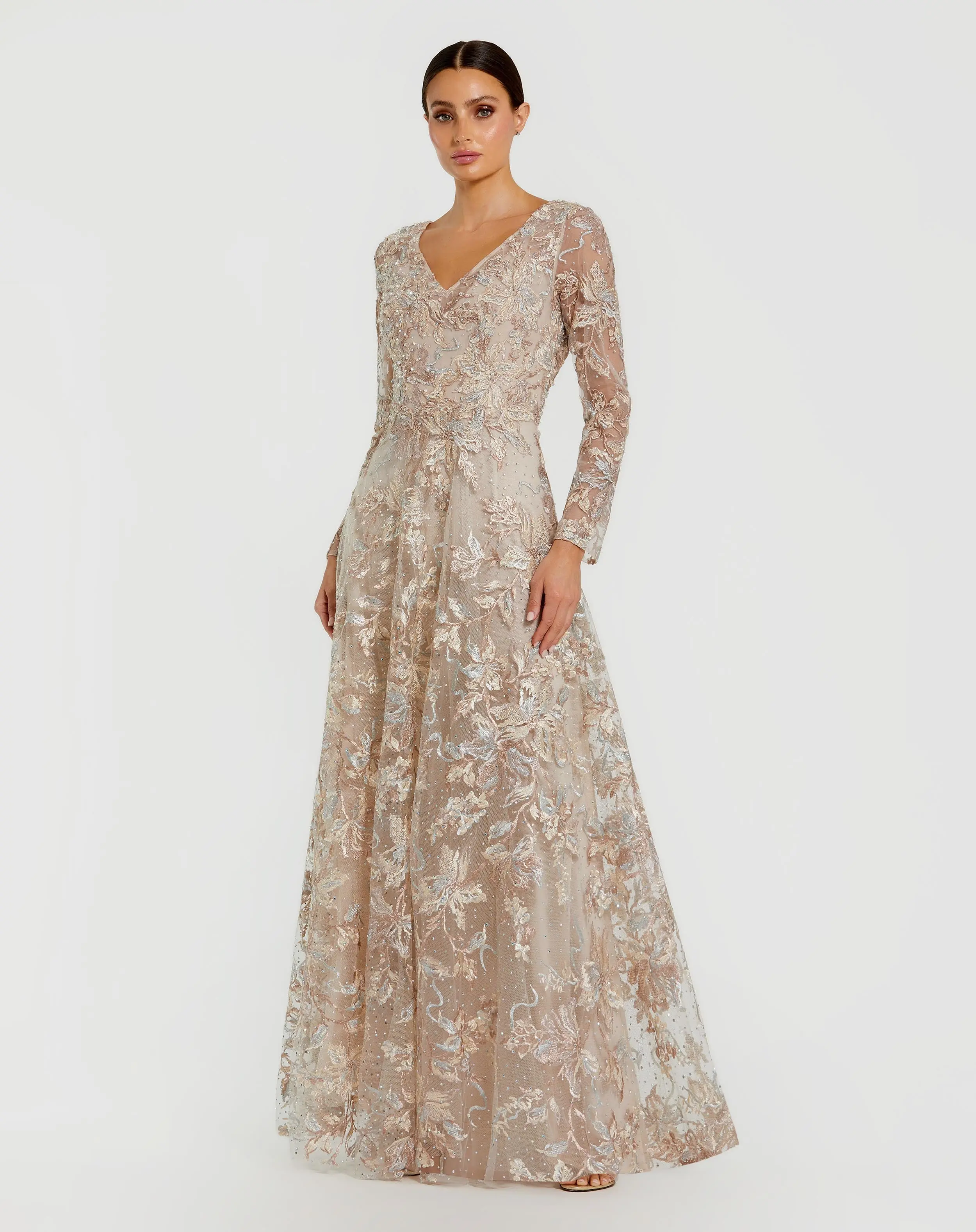 Embroidered Long Sleeve A-Line Gown