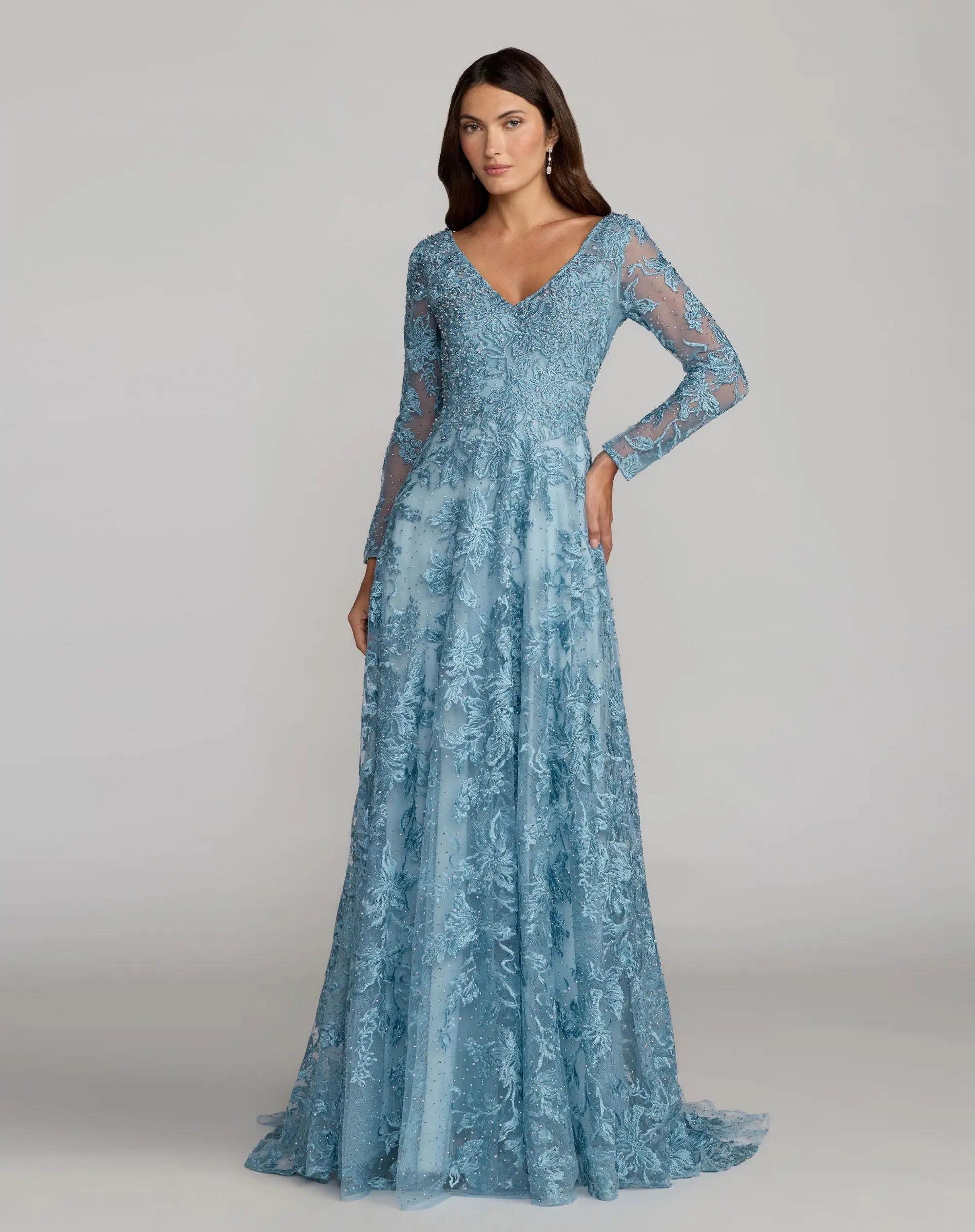 Blue Embroidered Long Sleeve A-Line Gown