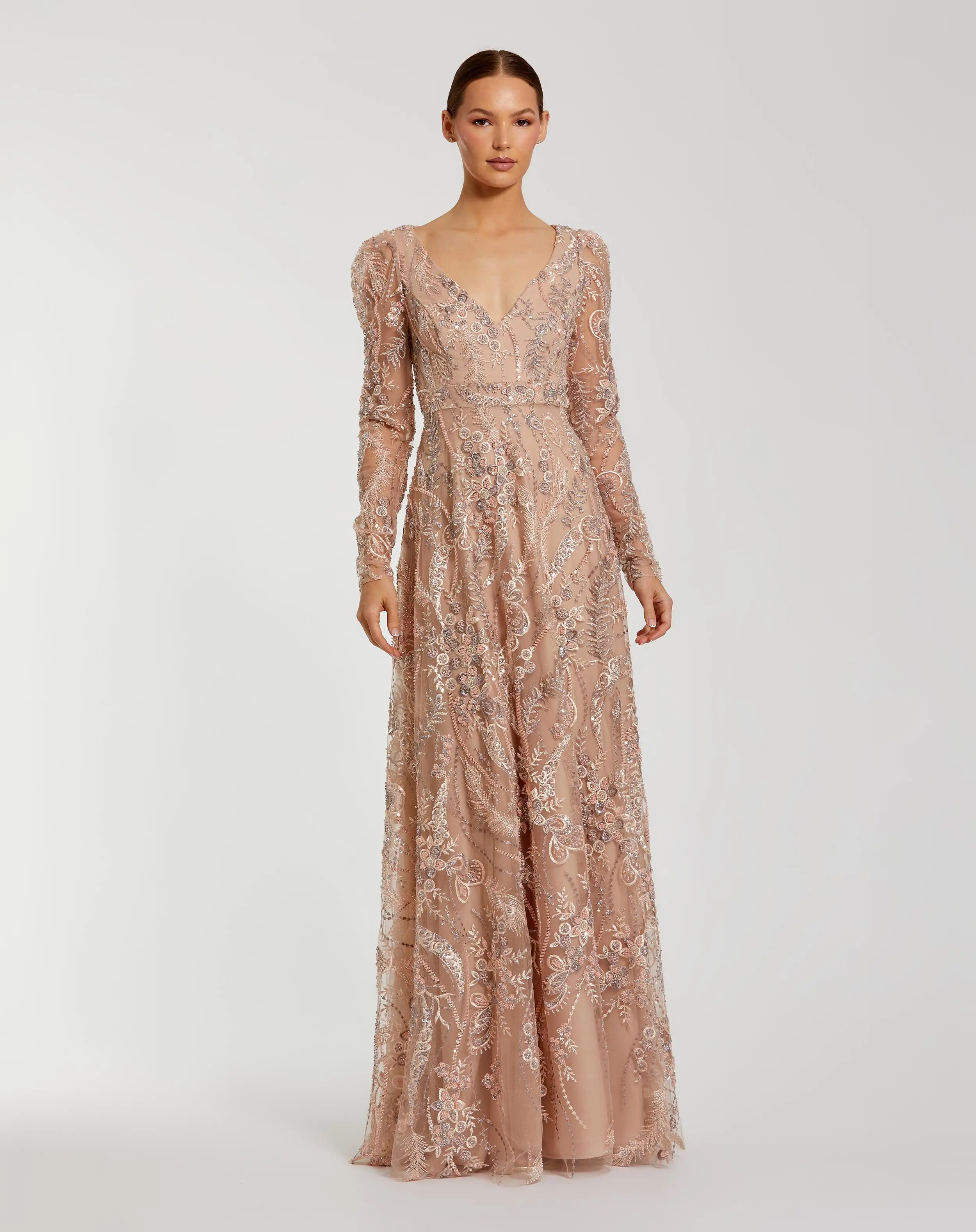 Embroidered Long Sleeve V Neck Gown