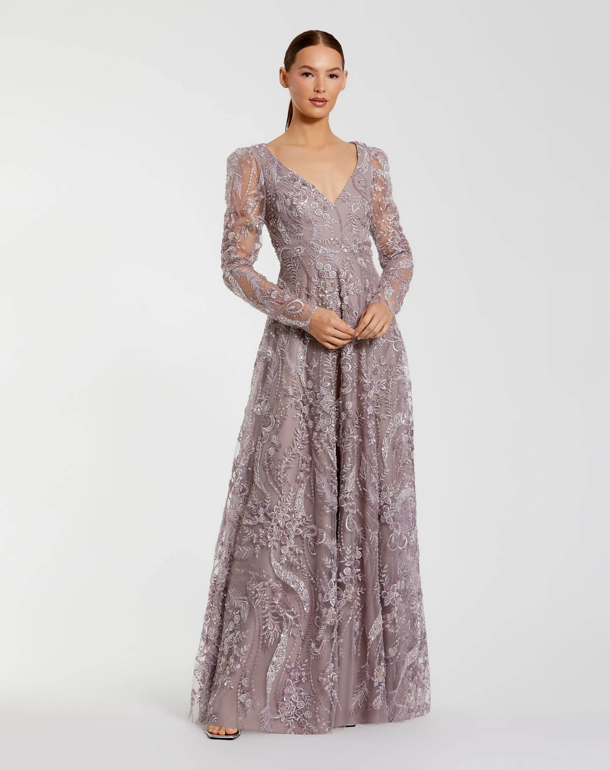 Embroidered Long Sleeve V Neck Gown - Image 2