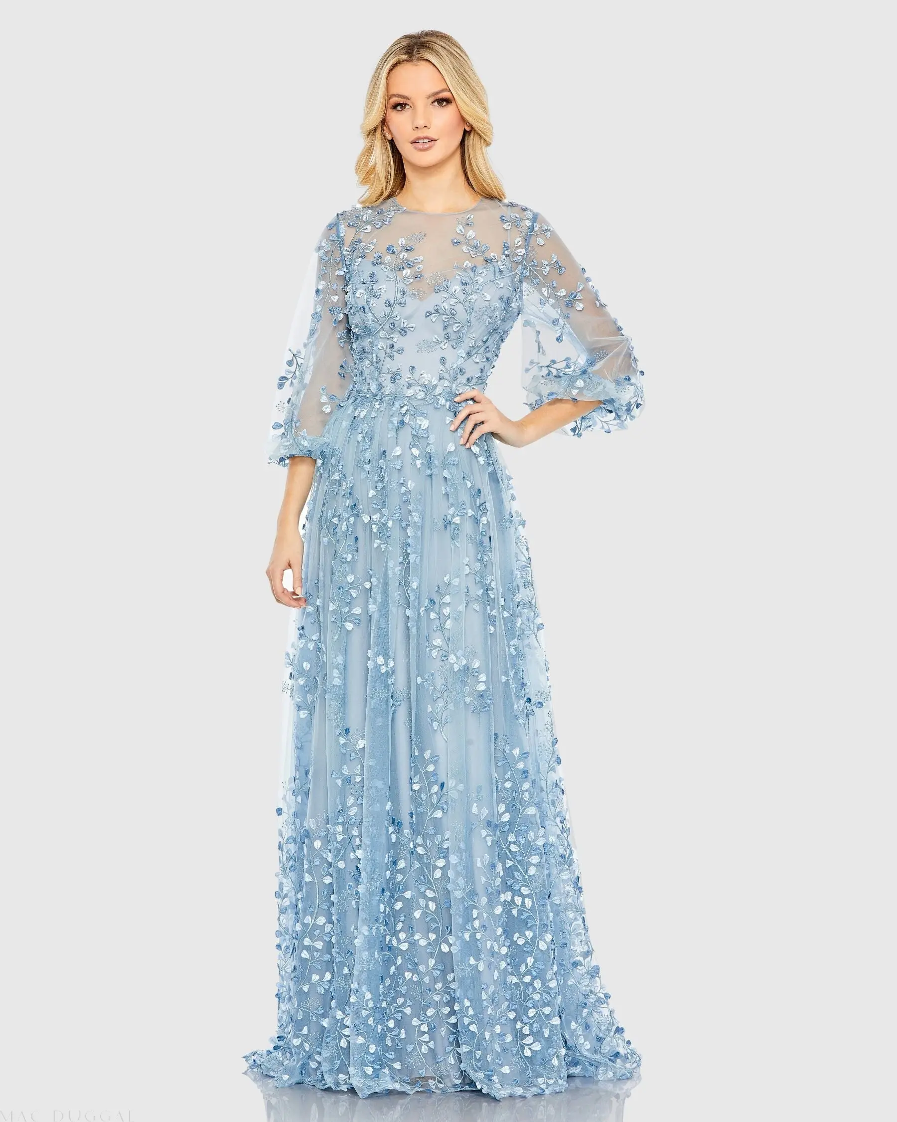 Embroidered Puff Sleeve A-Line Gown - Image 2
