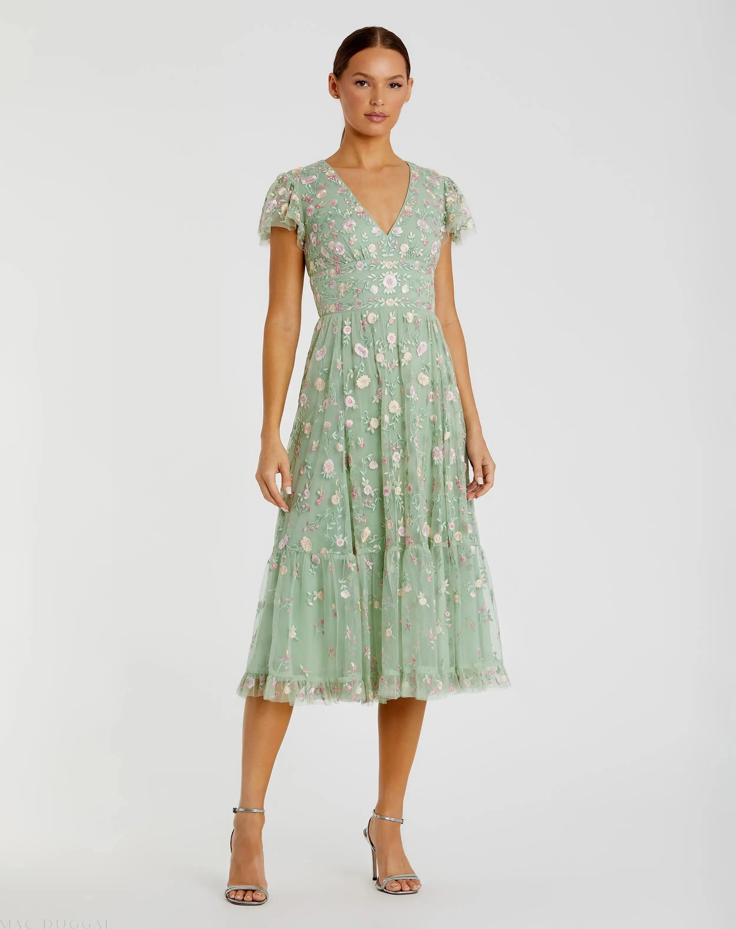 Embroidered V Neck Cap Sleeve Midi Dress - Image 2