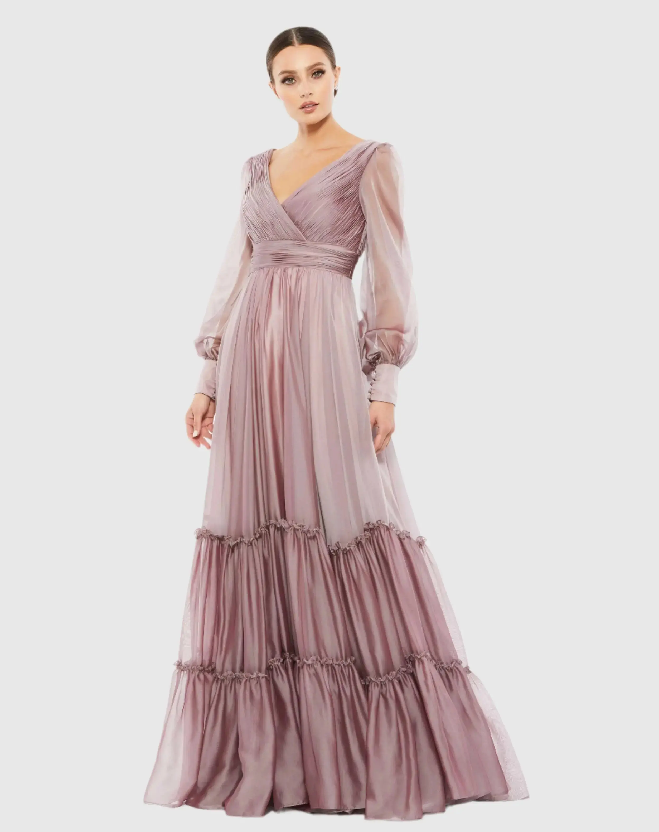 Faux Wrap Illusion Bishop Sleeve Tiered Gown - Image 2