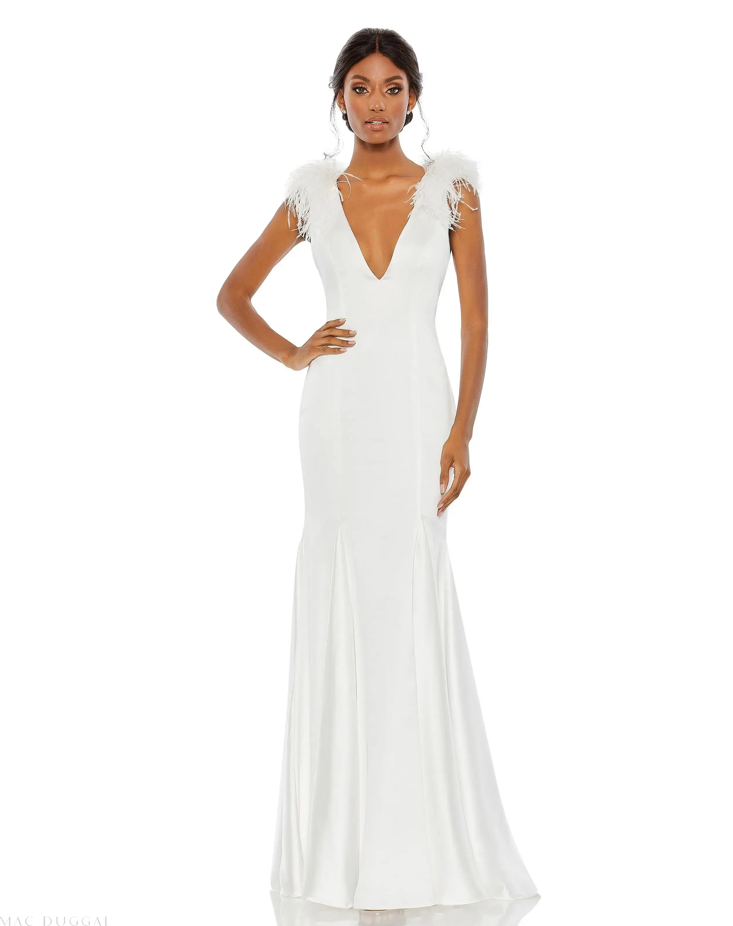 Feather Shoulder V-Neck Column Gown - Image 2