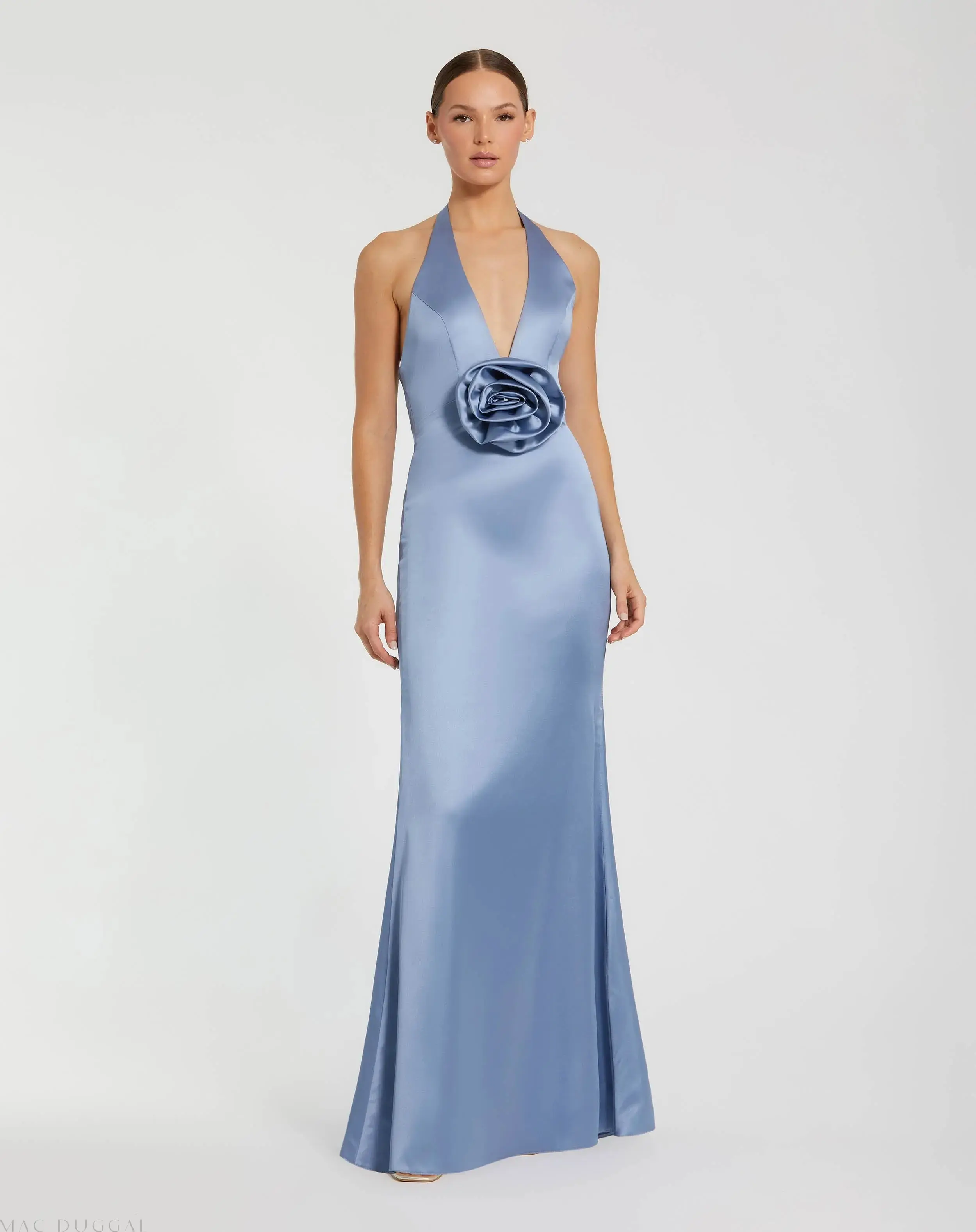 Fitted Satin Sleeveless Halter Gown With 3D Flower - Image 2