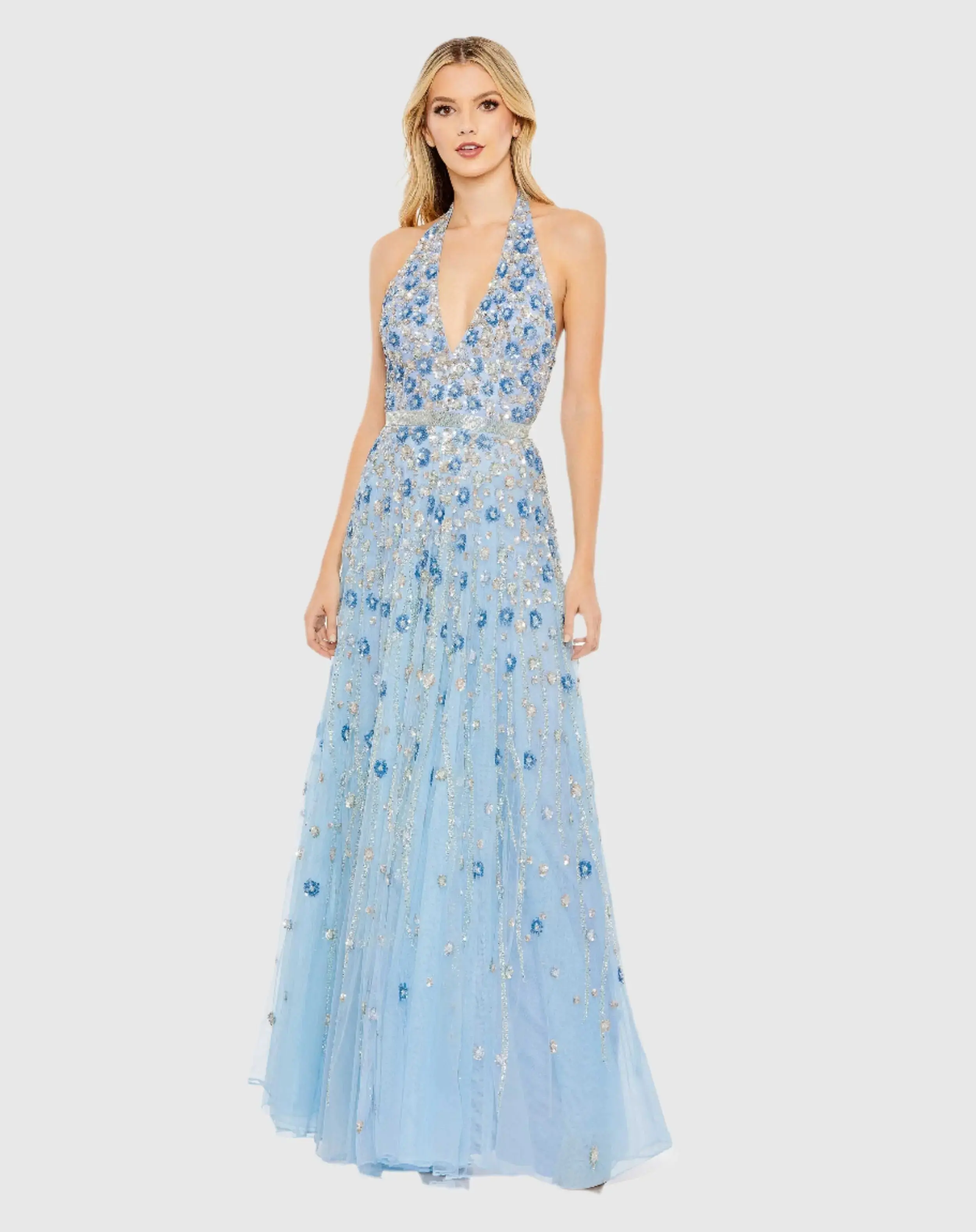 Floral Embellished Halter Strap A Line Gown - Image 2