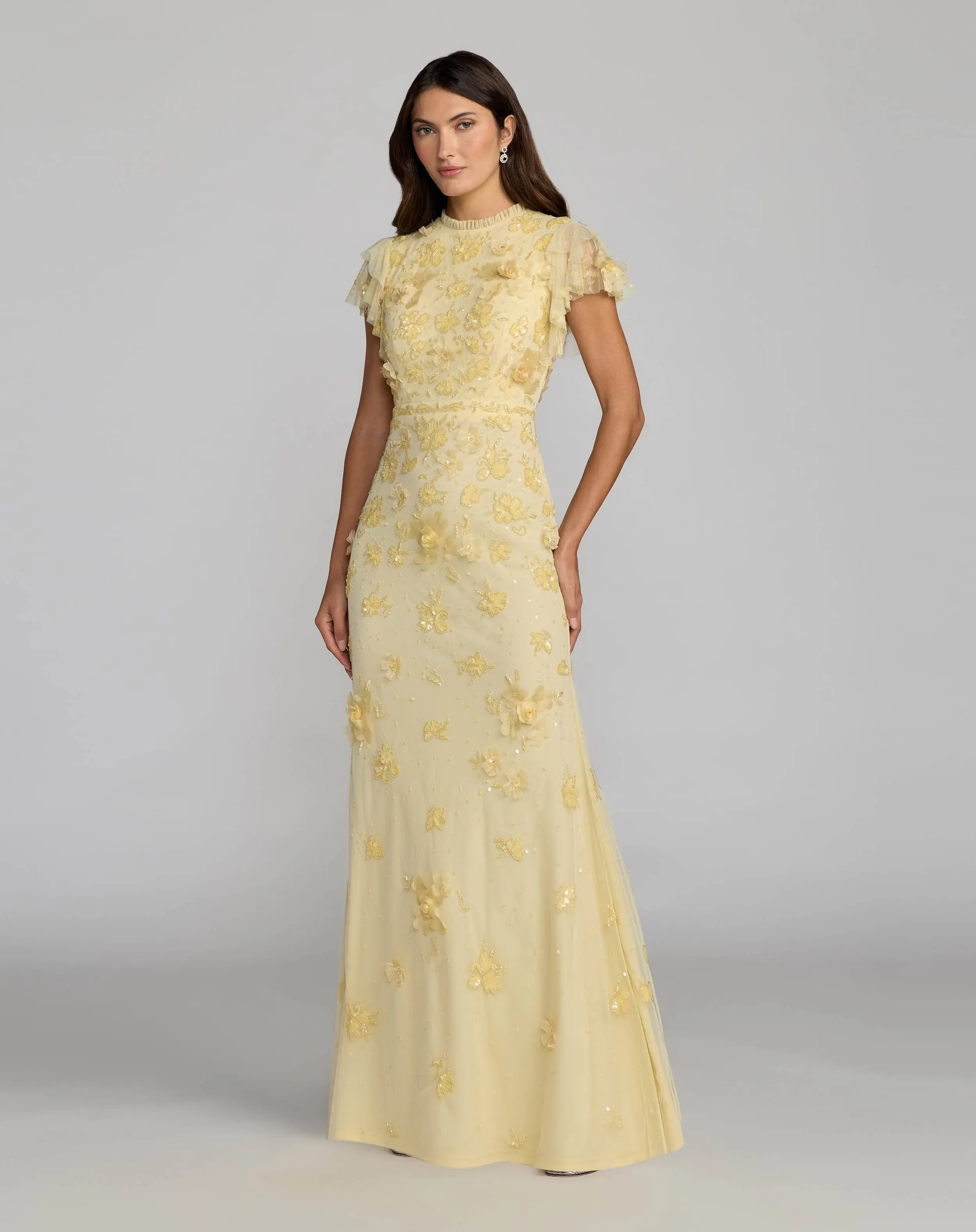 Floral Embellished High Neck Flutter Sleeve Gown