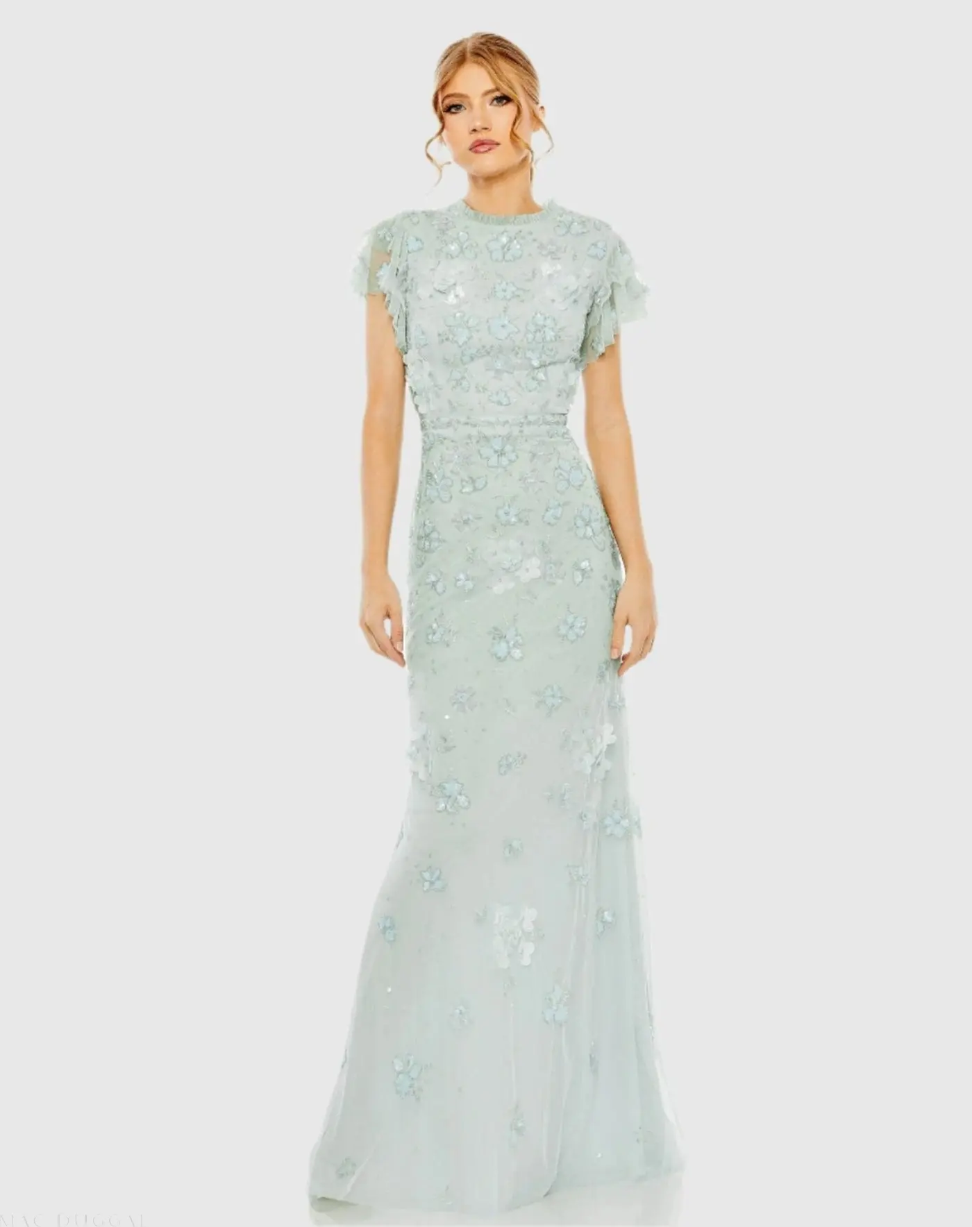 Floral Embellished High Neck Flutter Sleeve Gown - Image 2