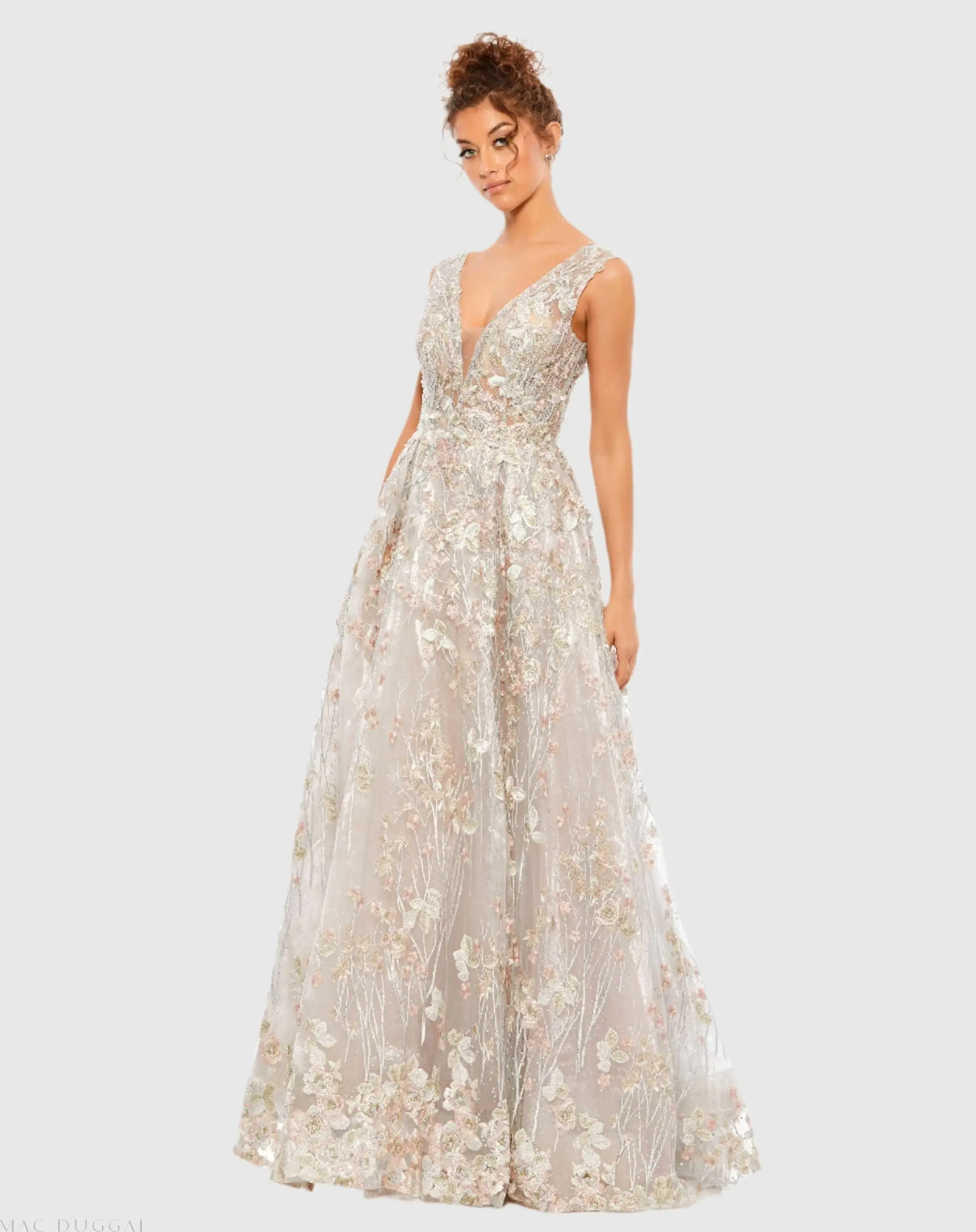 Floral Embroidered Illusion V-Neck Gown - Image 2