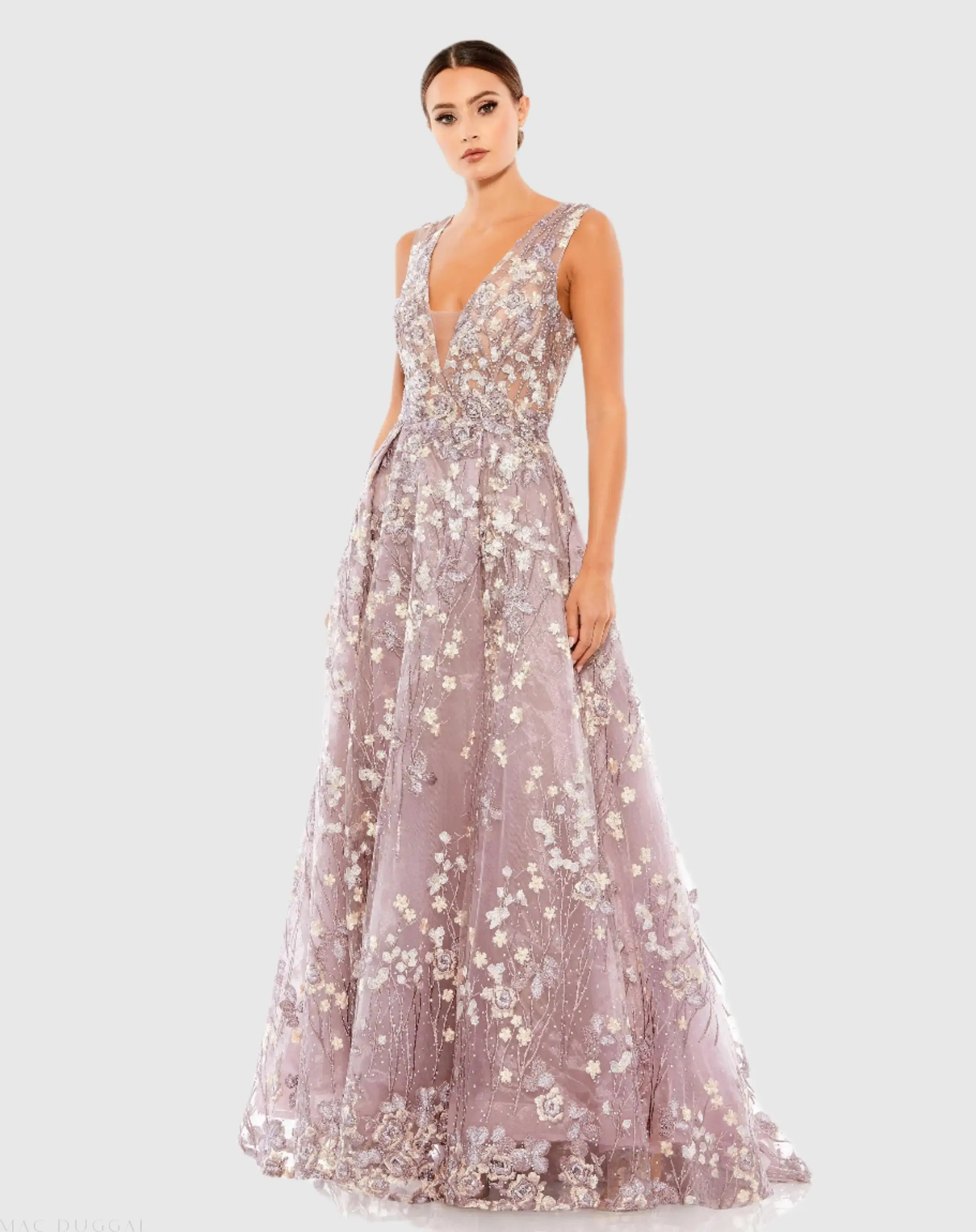Floral Embroidered Illusion V-Neck Gown - Image 3