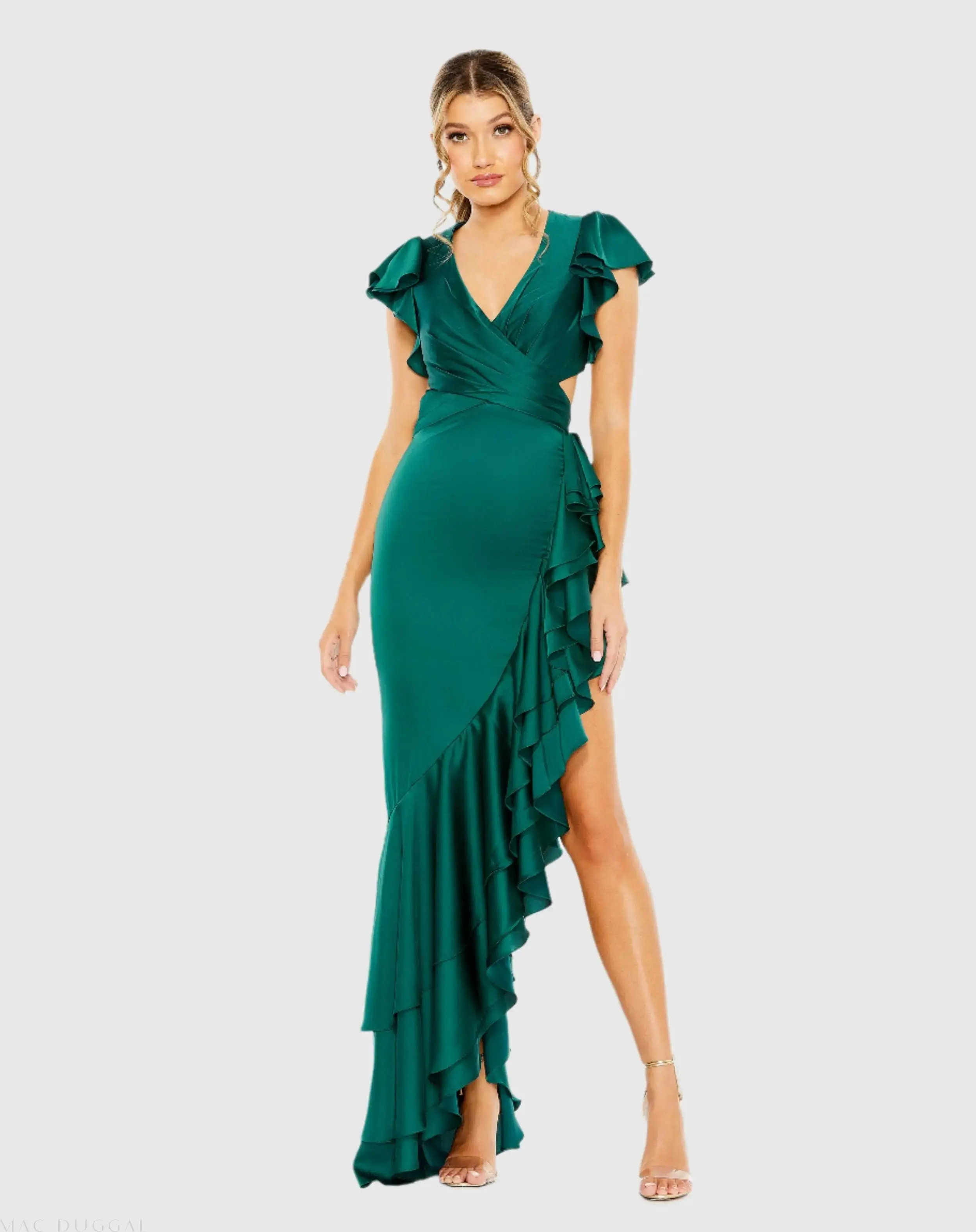Flutter Sleeve Cut Out Asymmetrical Ruffled Gown - Image 3