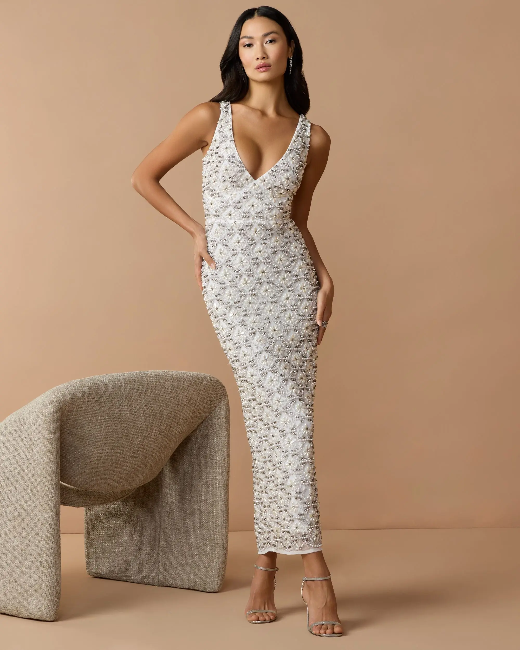 White Pearl Embellished Sleeveless Column Dress