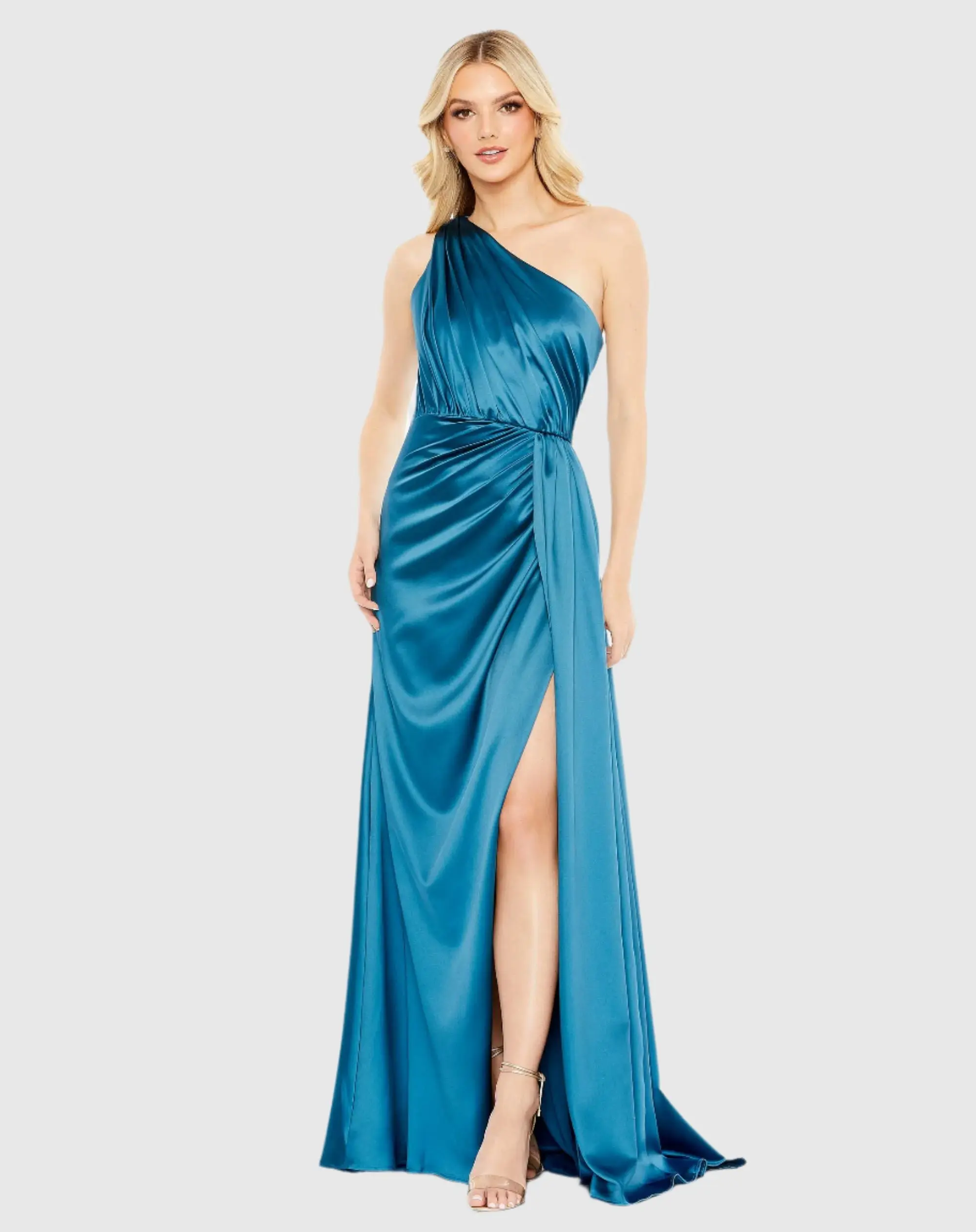 Gathered One Shoulder Satin Faux Wrap Gown - Image 2