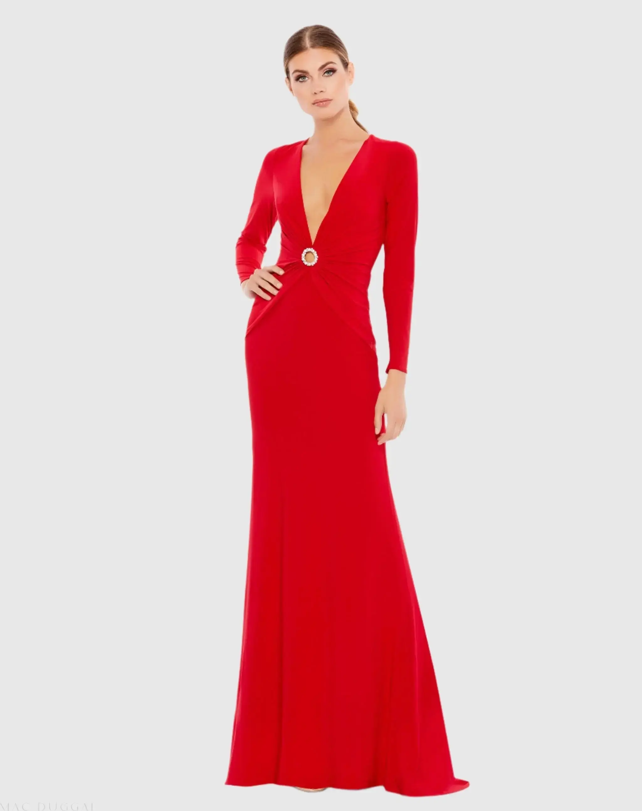 Gathered Pearl Long Sleeve Keyhole Gown - Image 2
