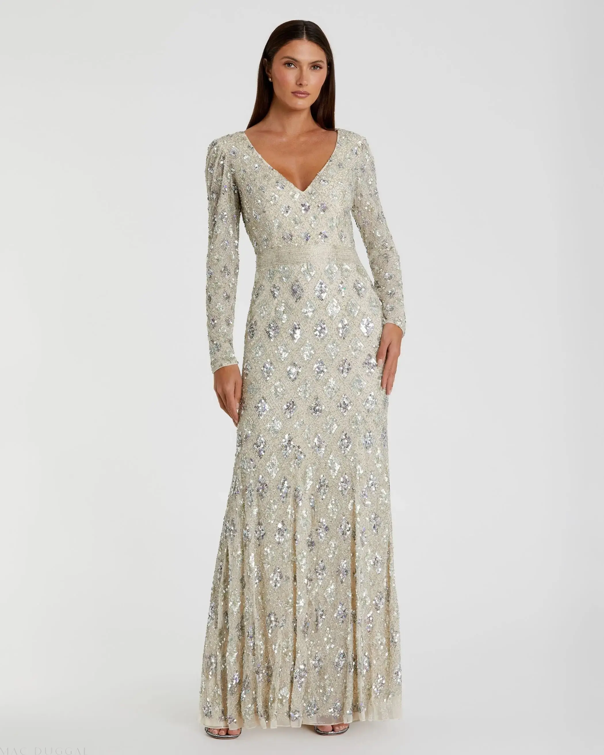 Silver Geometric Embellished Evening Gown - FINAL SALE
