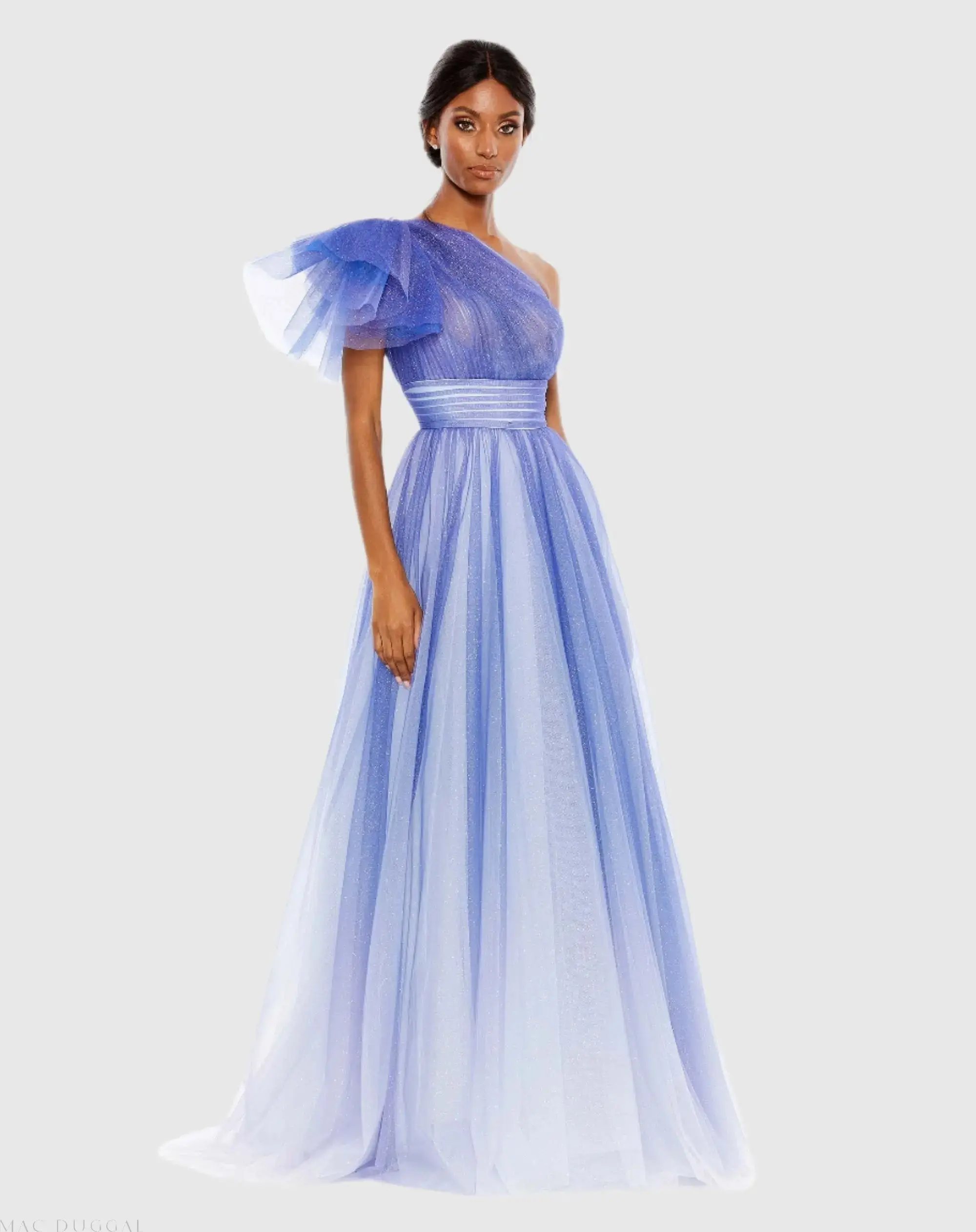 Glitter Ombre Ruffled One Shoulder Ballgown - Image 2