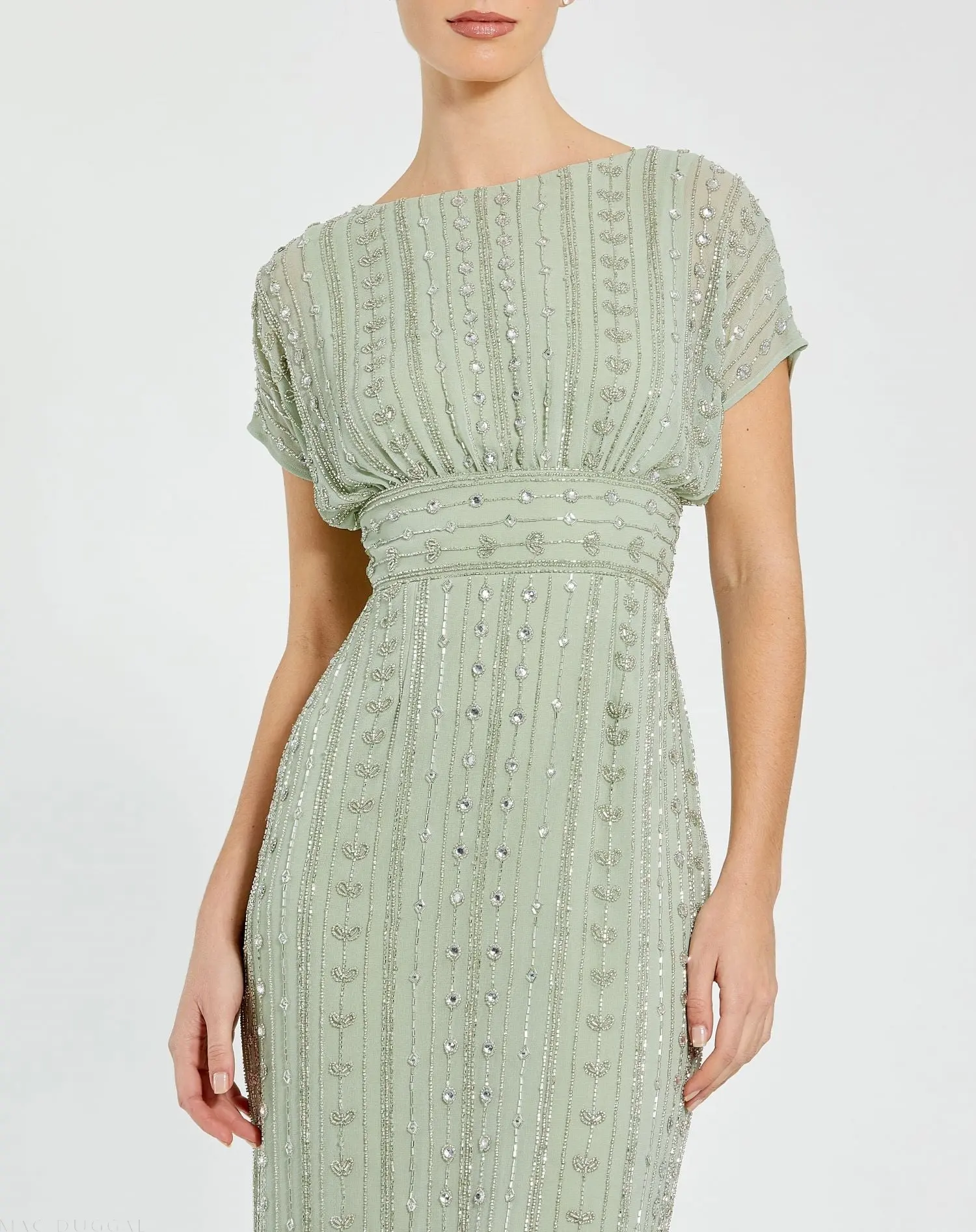 Green Beaded Cap Sleeve Empire Waist Sheath Midi Dress - Image 2